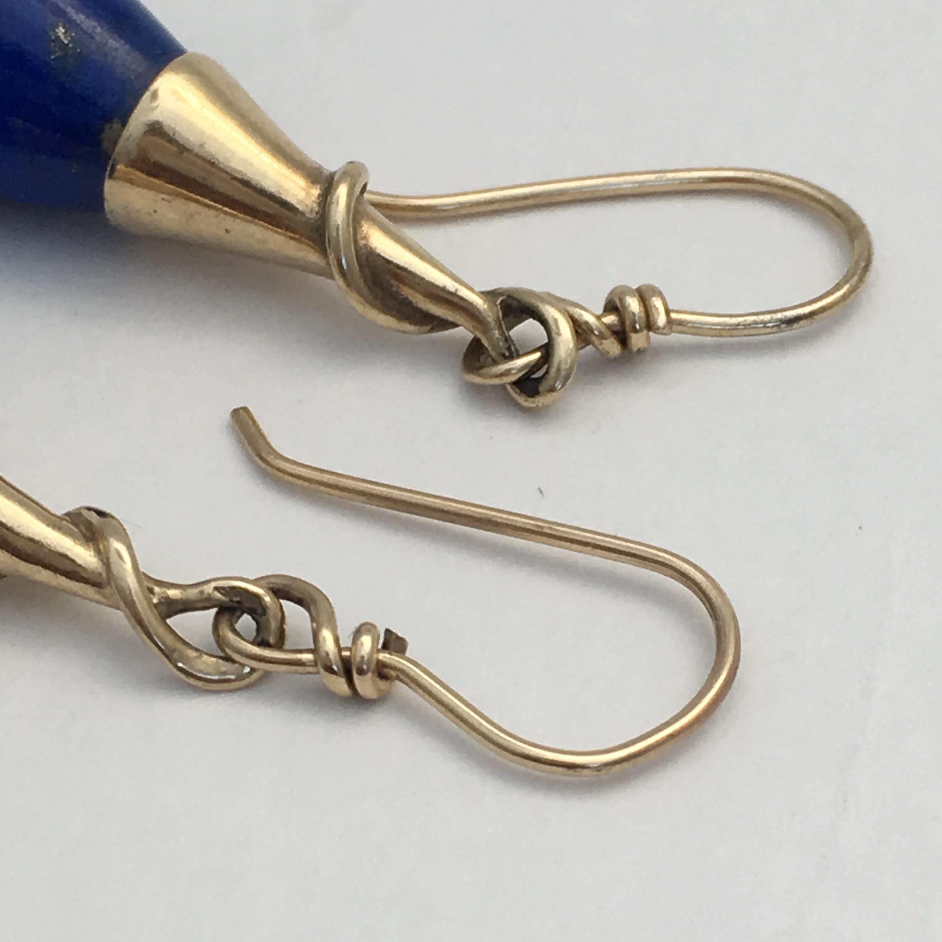 Lapis Lazuli Drop Earrings Torpedo Vintage Gold Jewelry Cobalt Blue Modernist In Excellent Condition For Sale In London, GB