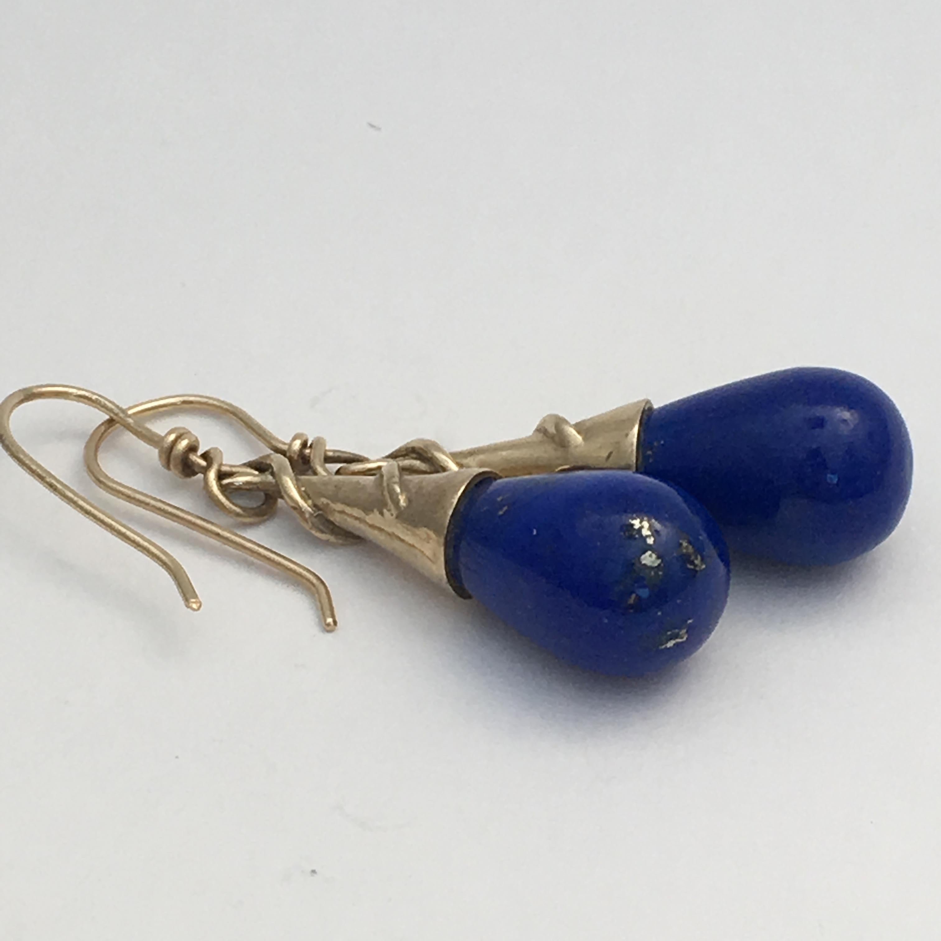 Men's Lapis Lazuli Drop Earrings Torpedo Vintage Gold Jewelry Cobalt Blue Modernist For Sale