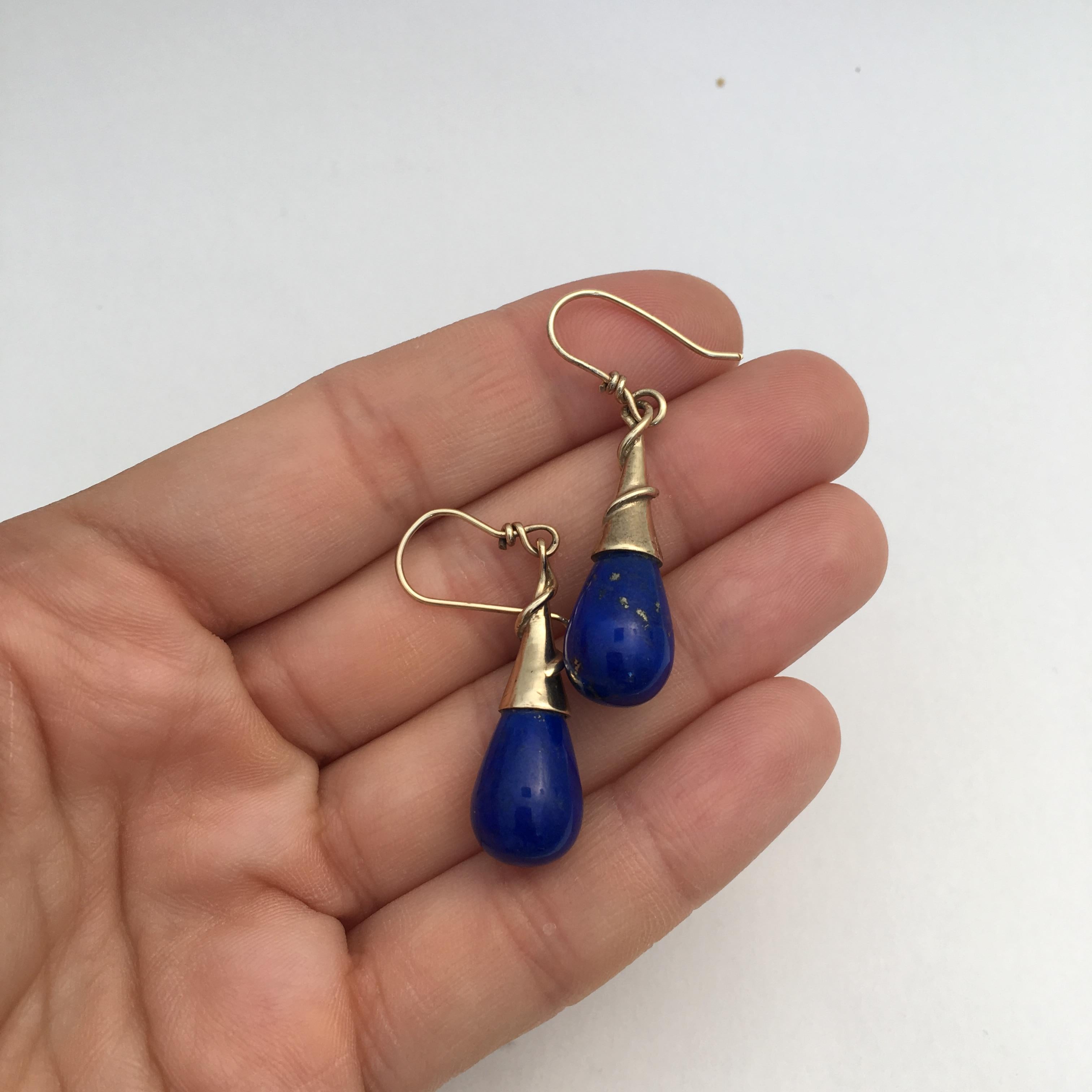 Lapis Lazuli Drop Earrings Torpedo Vintage Gold Jewelry Cobalt Blue Modernist For Sale 1