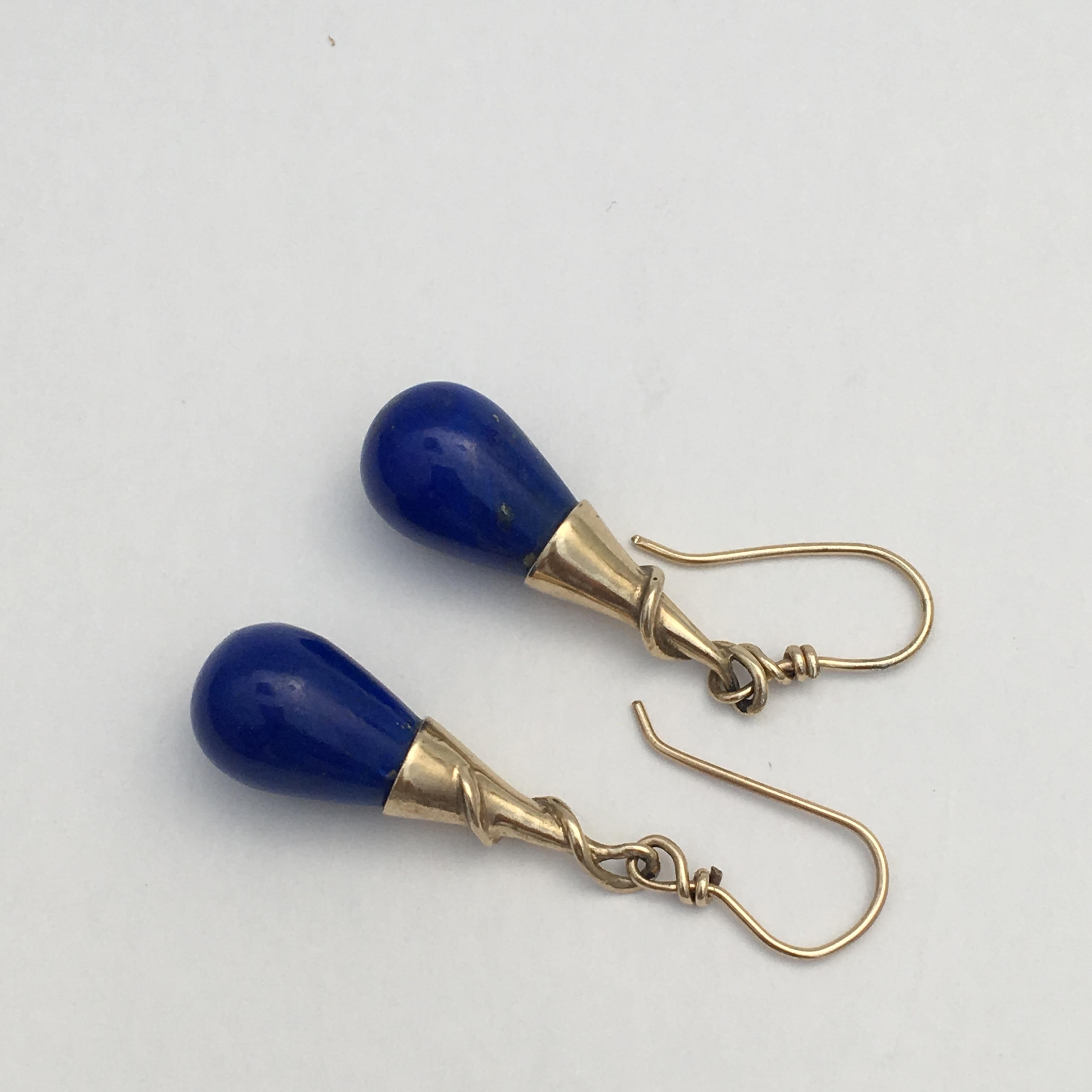 Lapis Lazuli Drop Earrings Torpedo Vintage Gold Jewelry Cobalt Blue Modernist For Sale 2