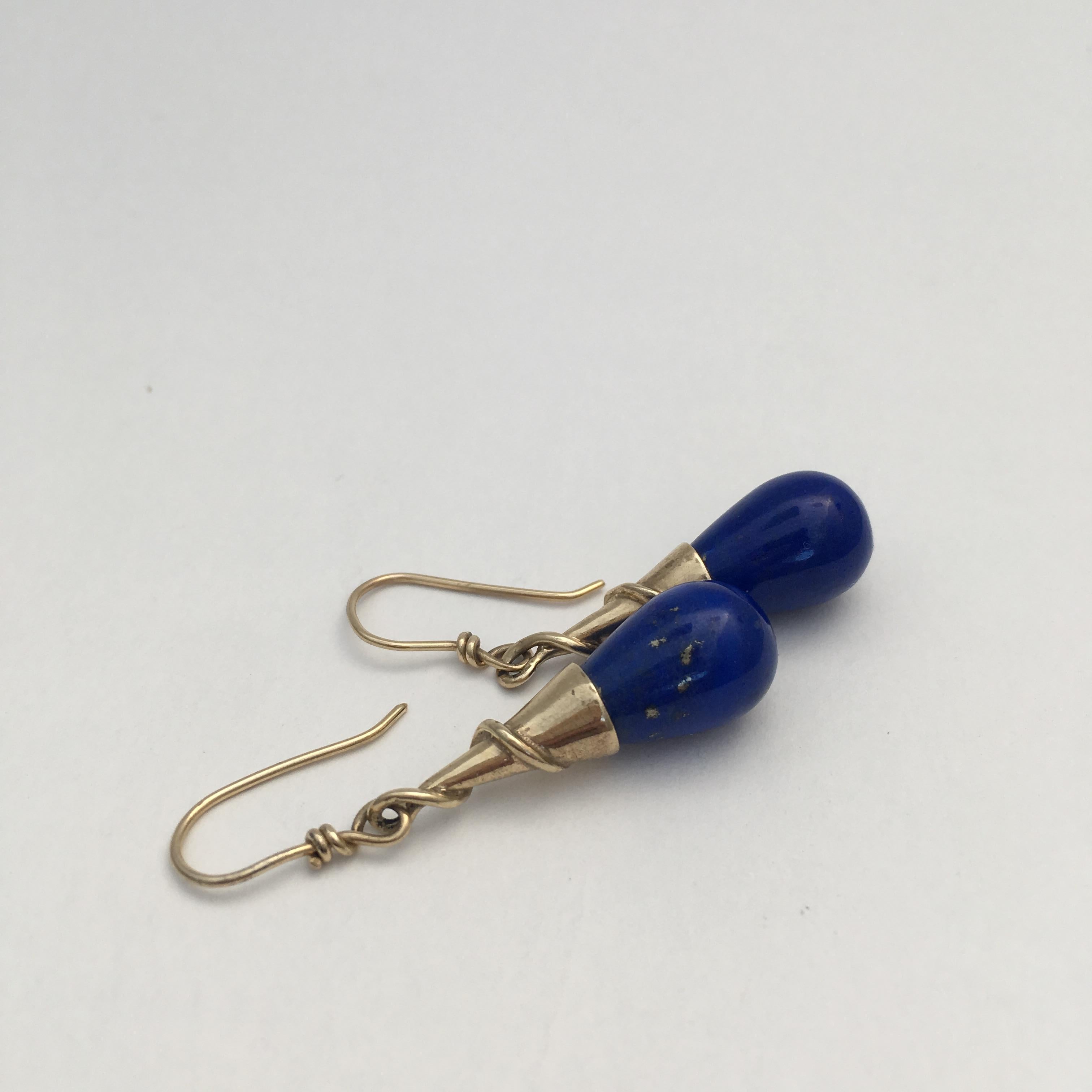 Lapis Lazuli Drop Earrings Torpedo Vintage Gold Jewelry Cobalt Blue Modernist For Sale 3