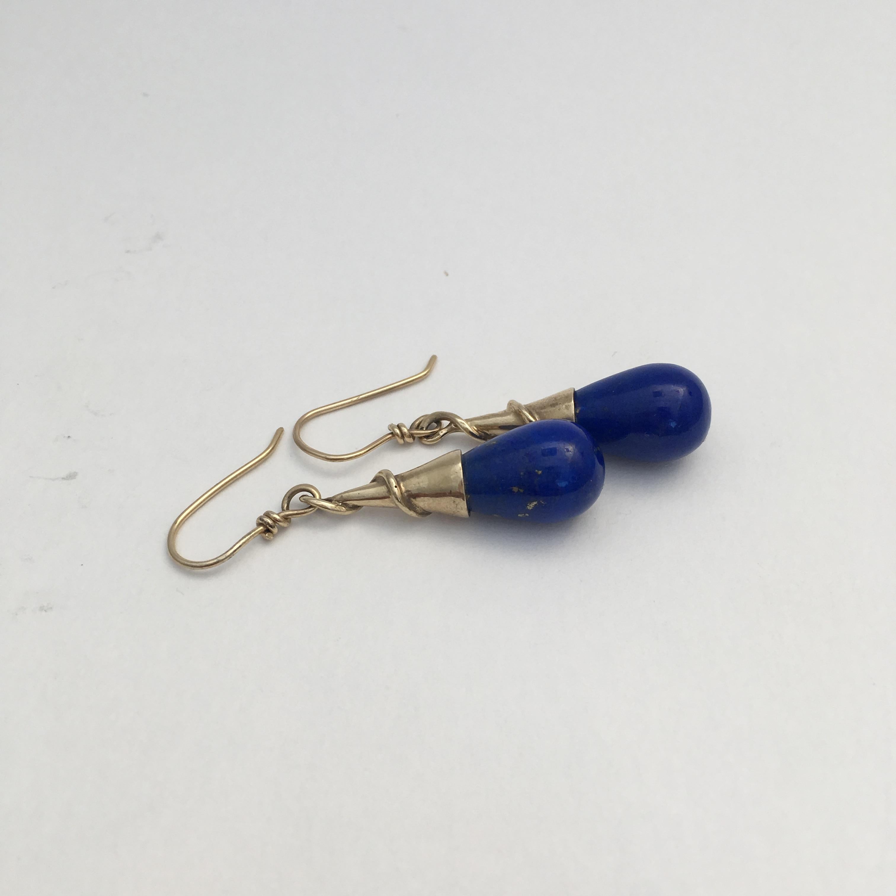 Lapis Lazuli Drop Earrings Torpedo Vintage Gold Jewelry Cobalt Blue Modernist For Sale 4