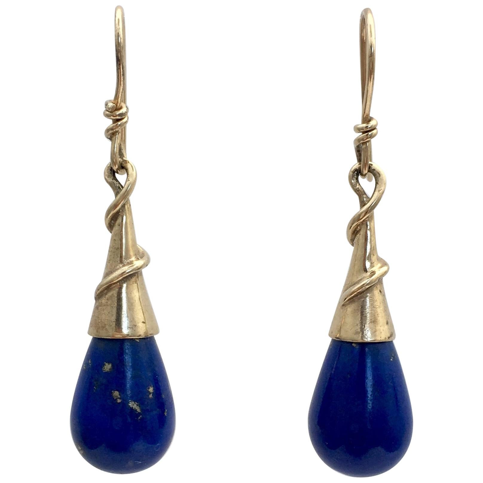 Lapis Lazuli Drop Earrings Torpedo Vintage Gold Jewelry Cobalt Blue Modernist For Sale