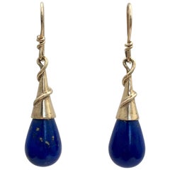 Lapis Lazuli Drop Earrings Torpedo Vintage Gold Jewelry Cobalt Blue Modernist
