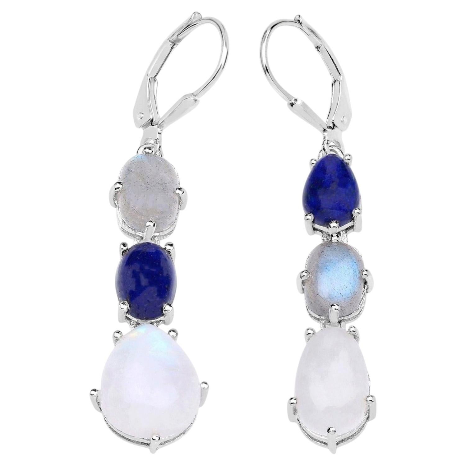 Lapis Lazuli Earrings Labradorite And Moonstone 10.1 Carats Sterling Silver For Sale