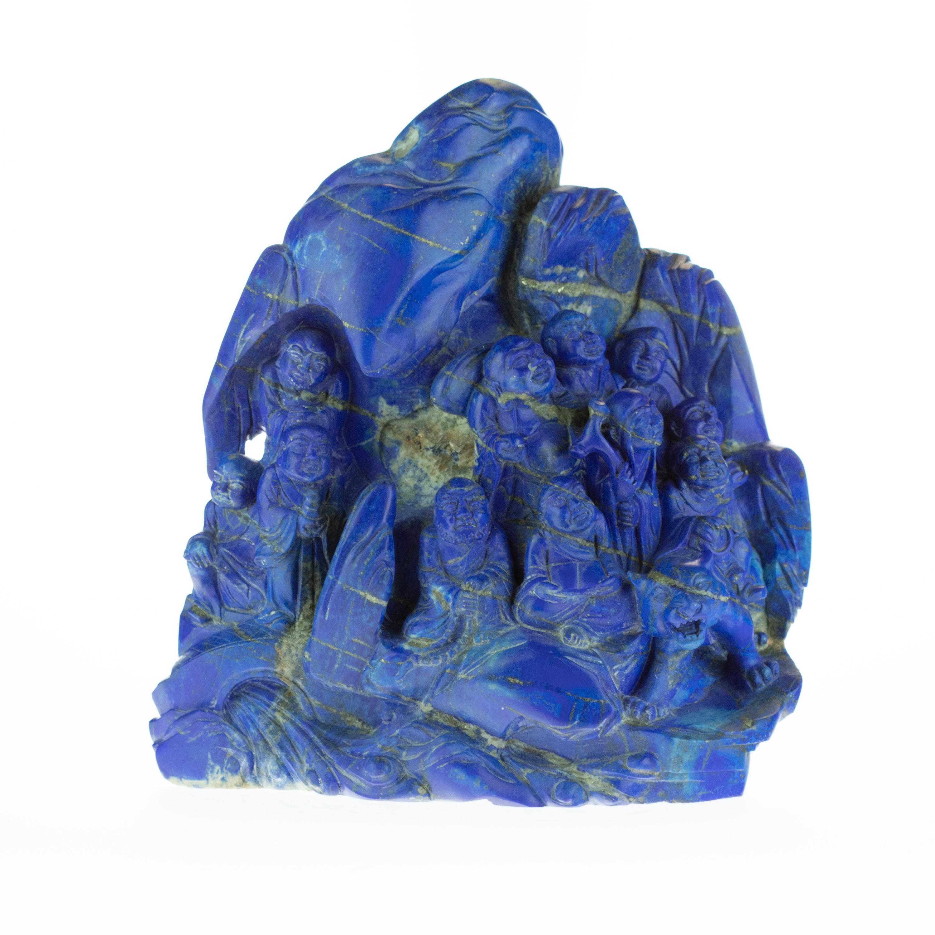 Chinese Export Lapis Lazuli Eighteen Wise Men Figurine Carved Handmade Artisan Statue Sculpture For Sale