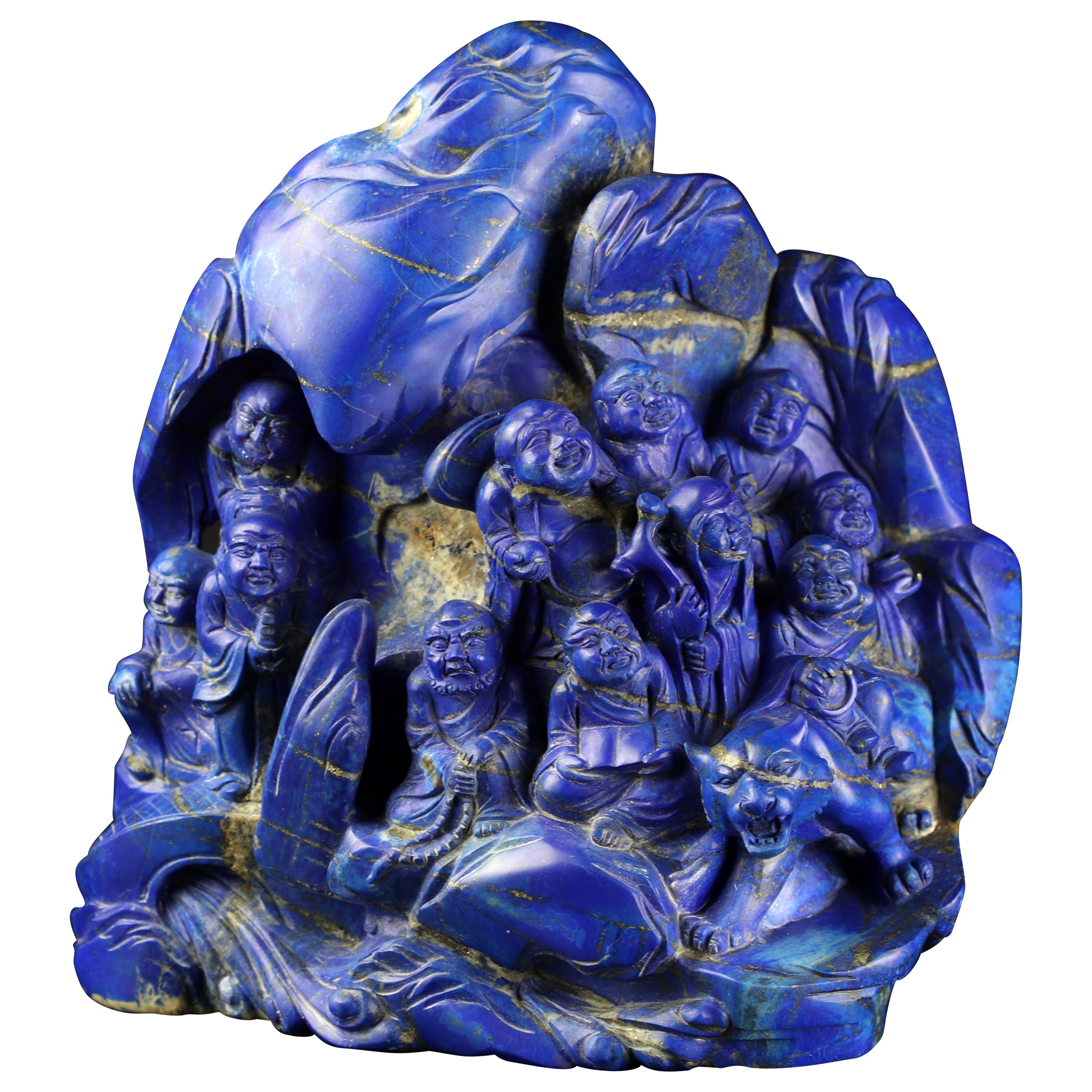 Lapis Lazuli Eighteen Wise Men Figurine Carved Handmade Artisan Statue Sculpture For Sale