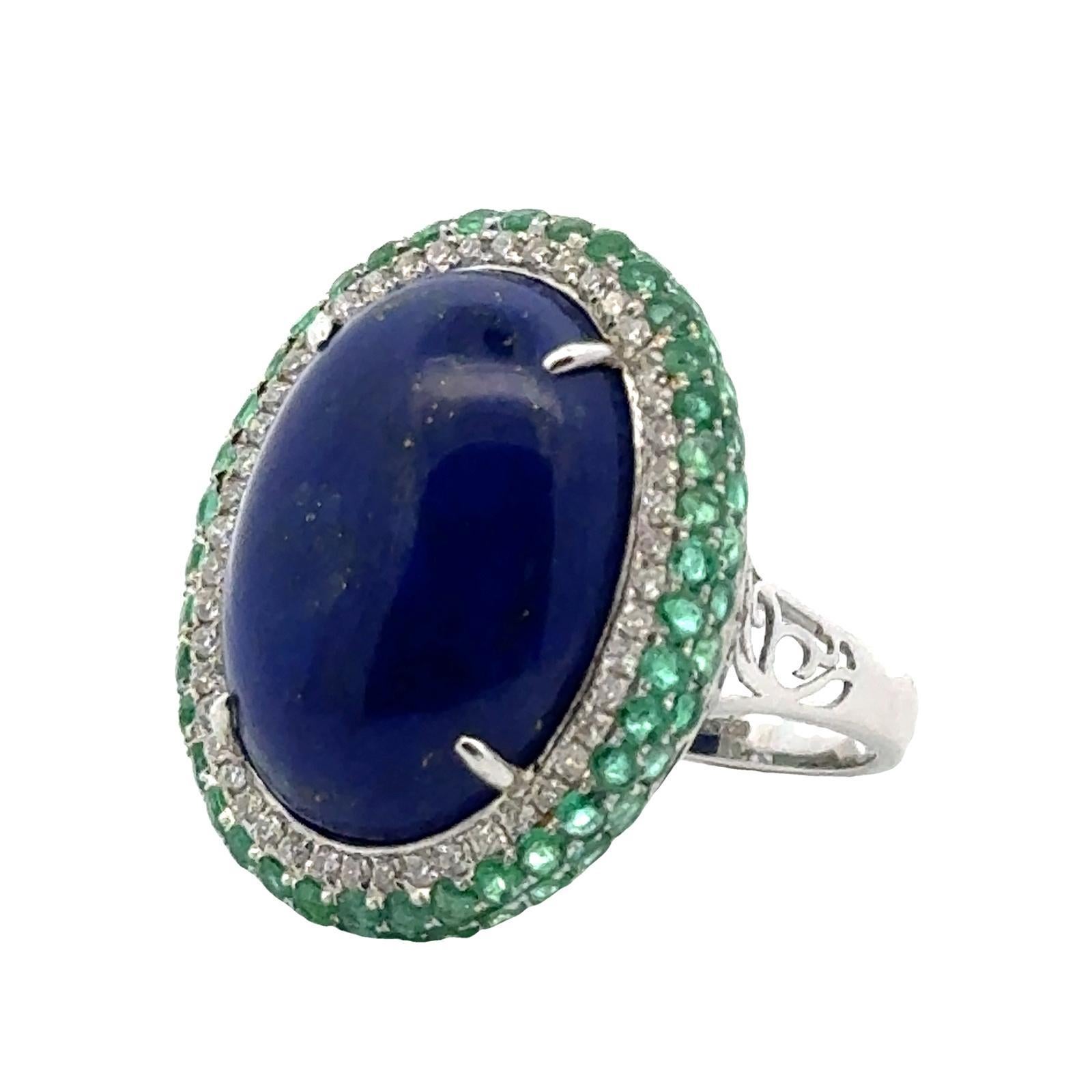 Cabochon Lapis Lazuli Emerald  Diamond 18 Karat White Gold Vintage Cocktail Ring