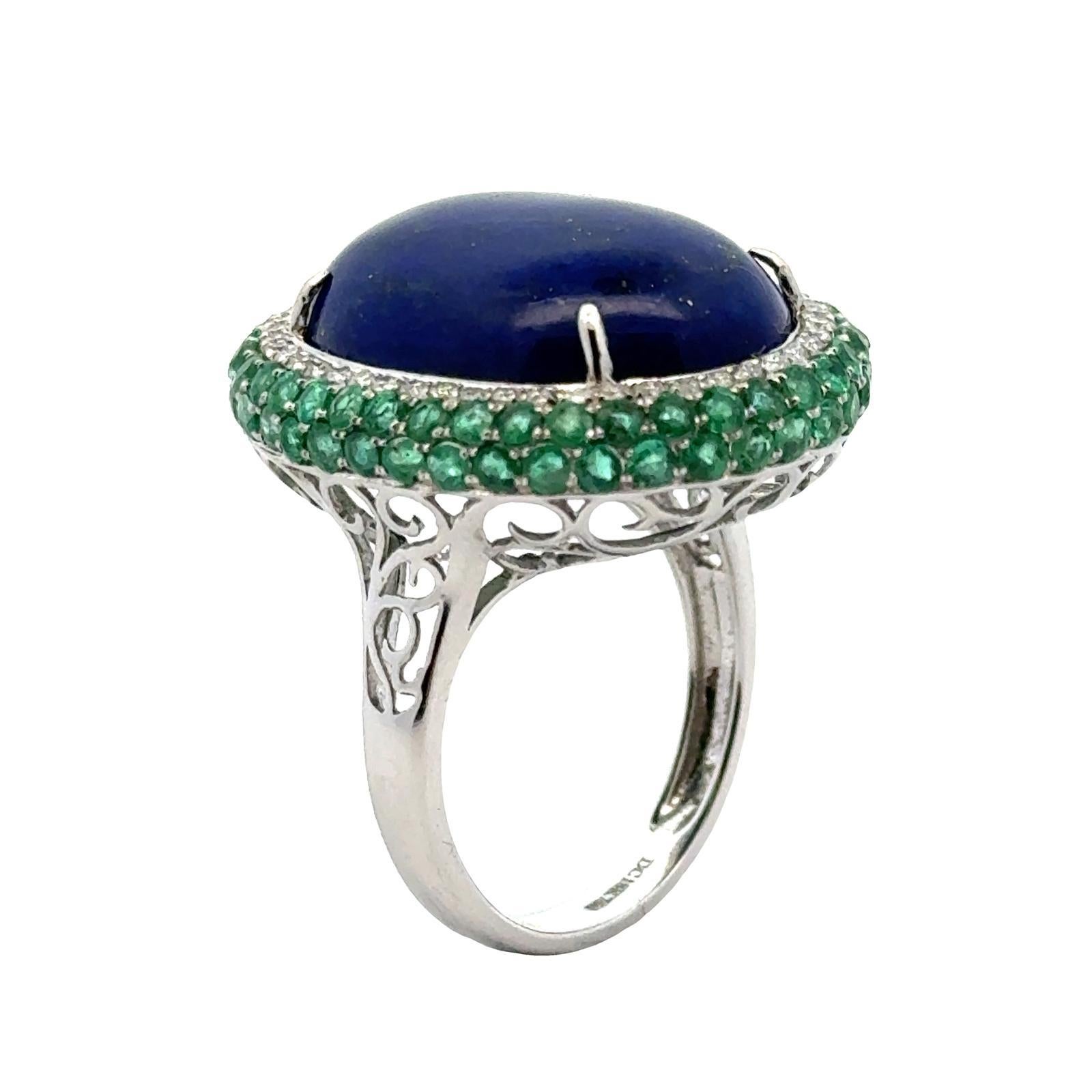 Lapis Lazuli Emerald  Diamond 18 Karat White Gold Vintage Cocktail Ring In Excellent Condition For Sale In Boca Raton, FL