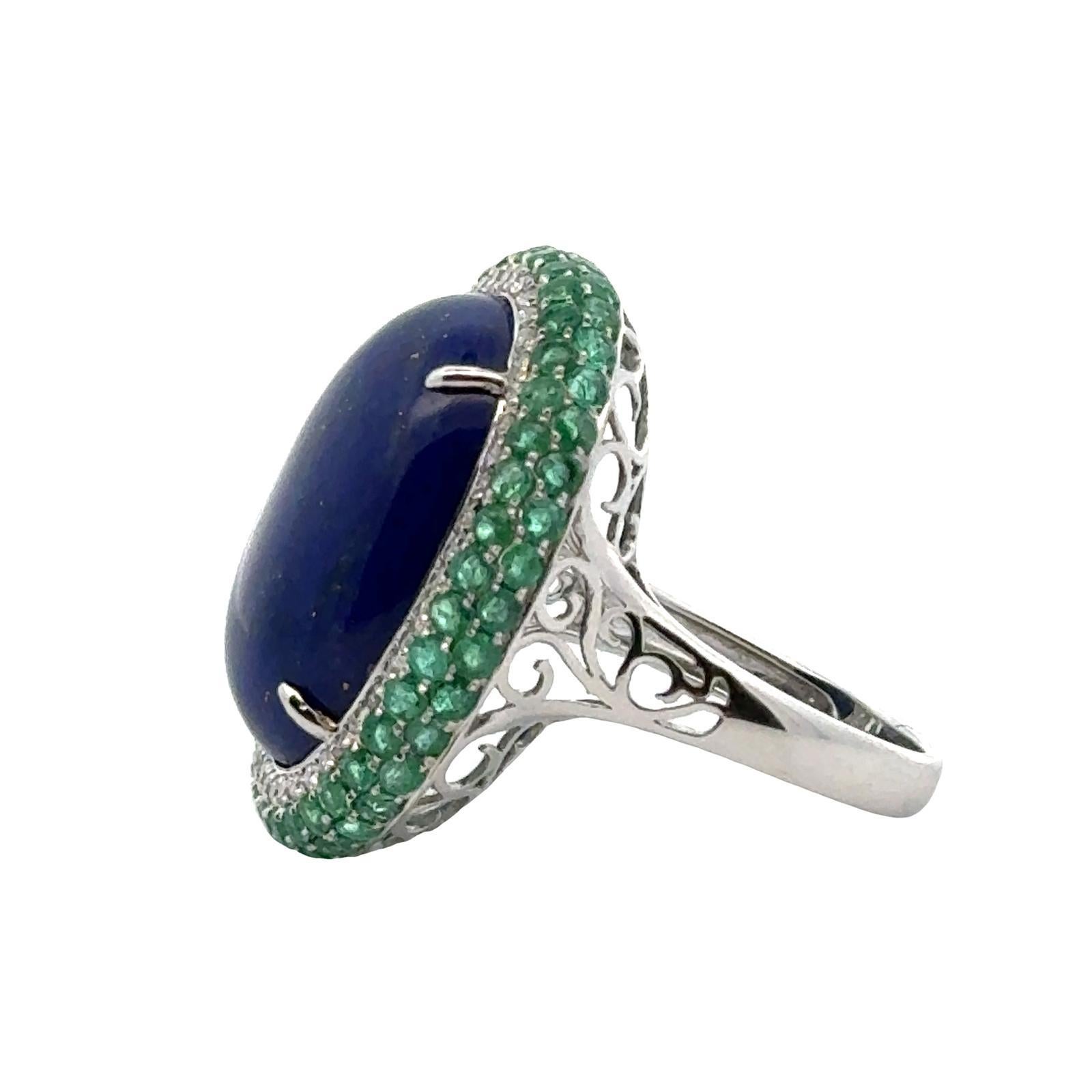 Women's Lapis Lazuli Emerald  Diamond 18 Karat White Gold Vintage Cocktail Ring For Sale