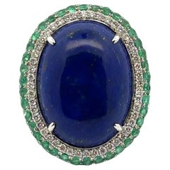 Lapis Lazuli Emerald  Diamond 18 Karat White Gold Retro Cocktail Ring