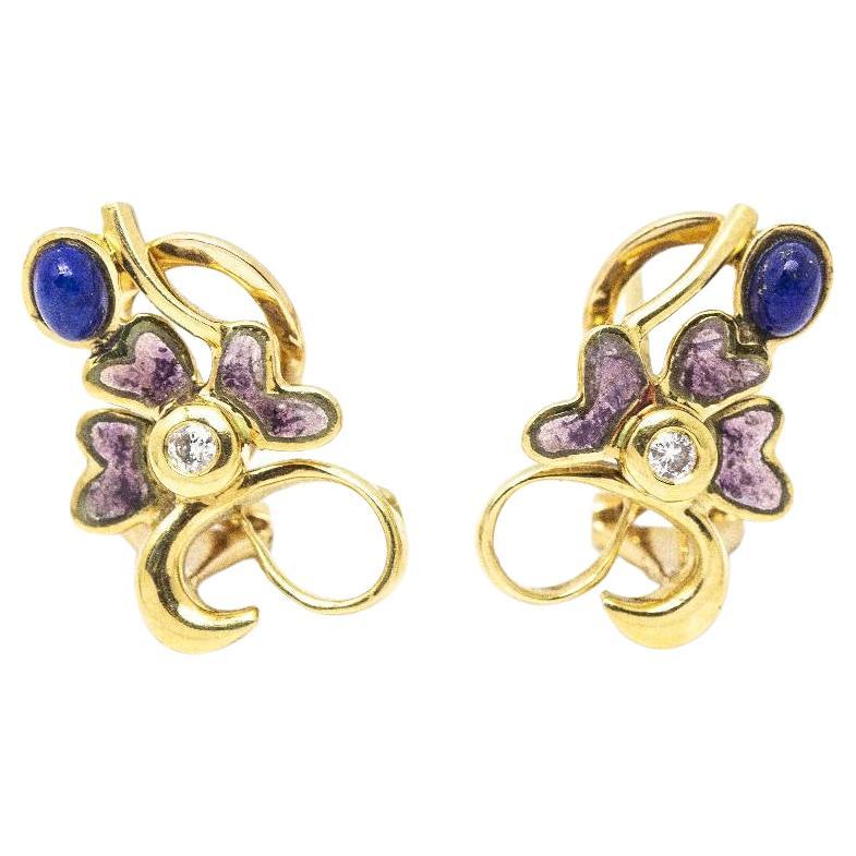 Boucles d'oreilles lapis-lazuli, émail et diamants