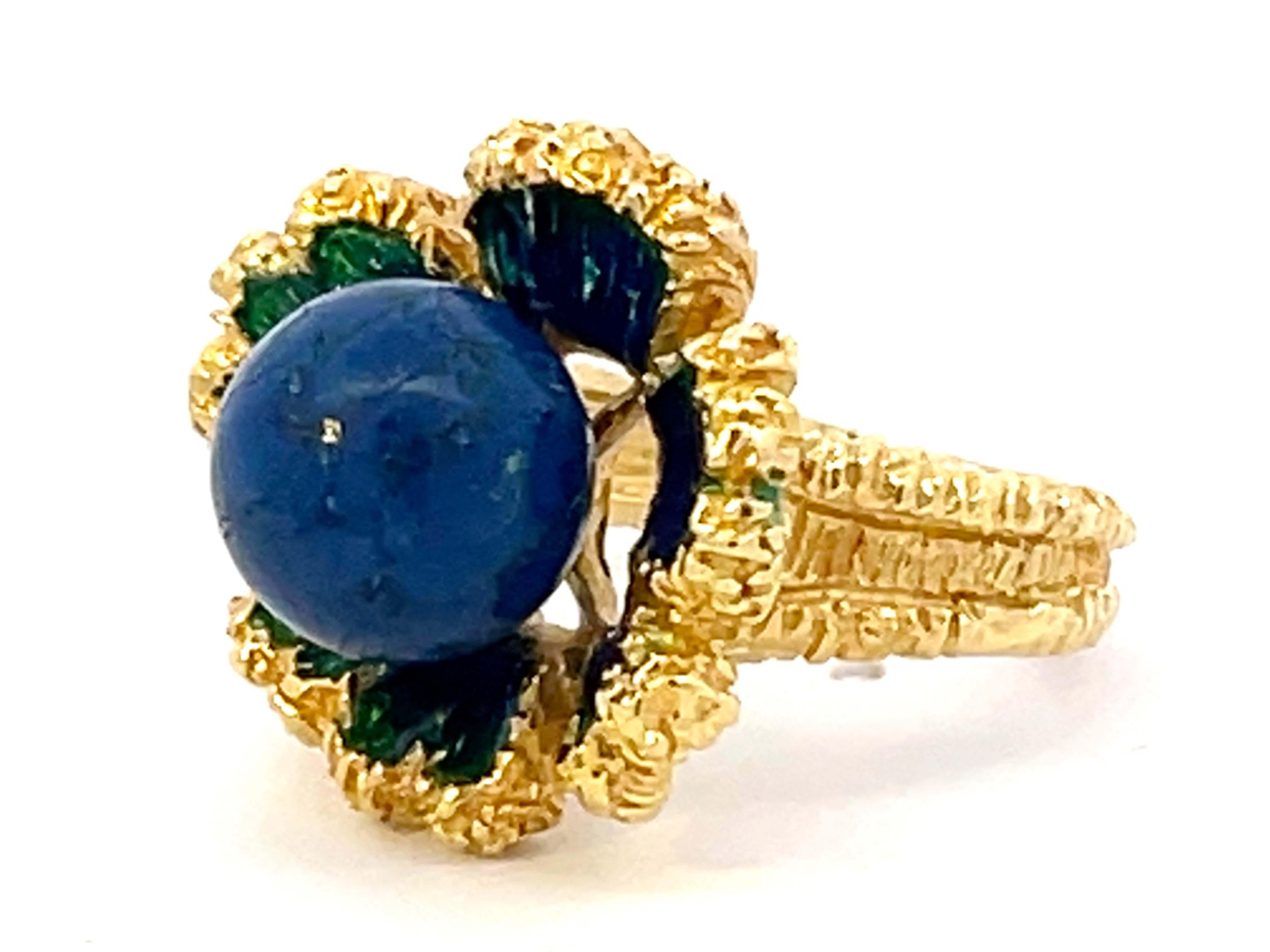 Round Cut Lapis Lazuli Enamel Flower Ring 18k Yellow Gold For Sale