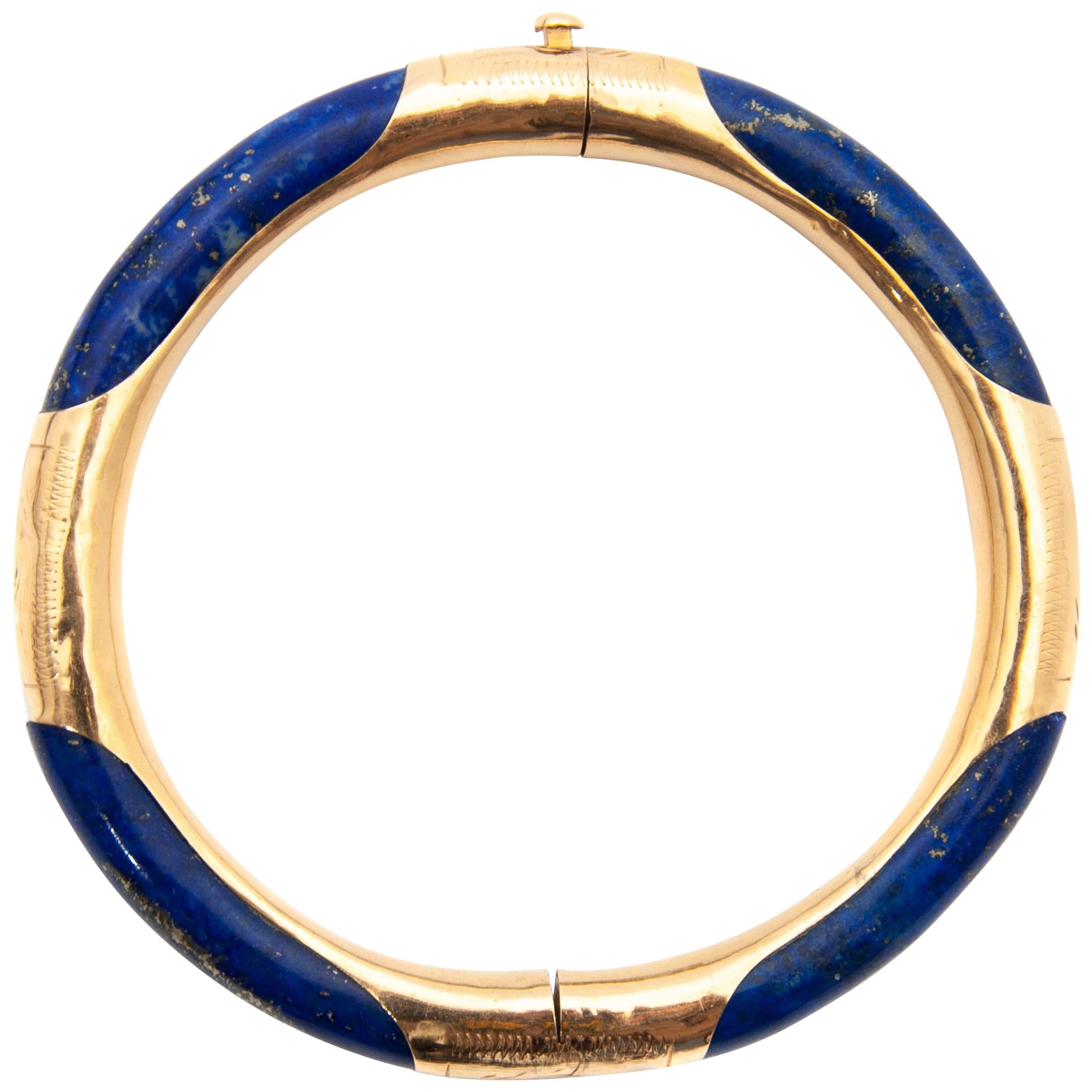Lapis Lazuli Etched 14 Karat Gold Bangle Bracelet