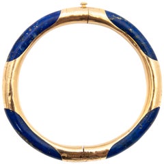 Vintage Lapis Lazuli Etched 14 Karat Gold Bangle Bracelet