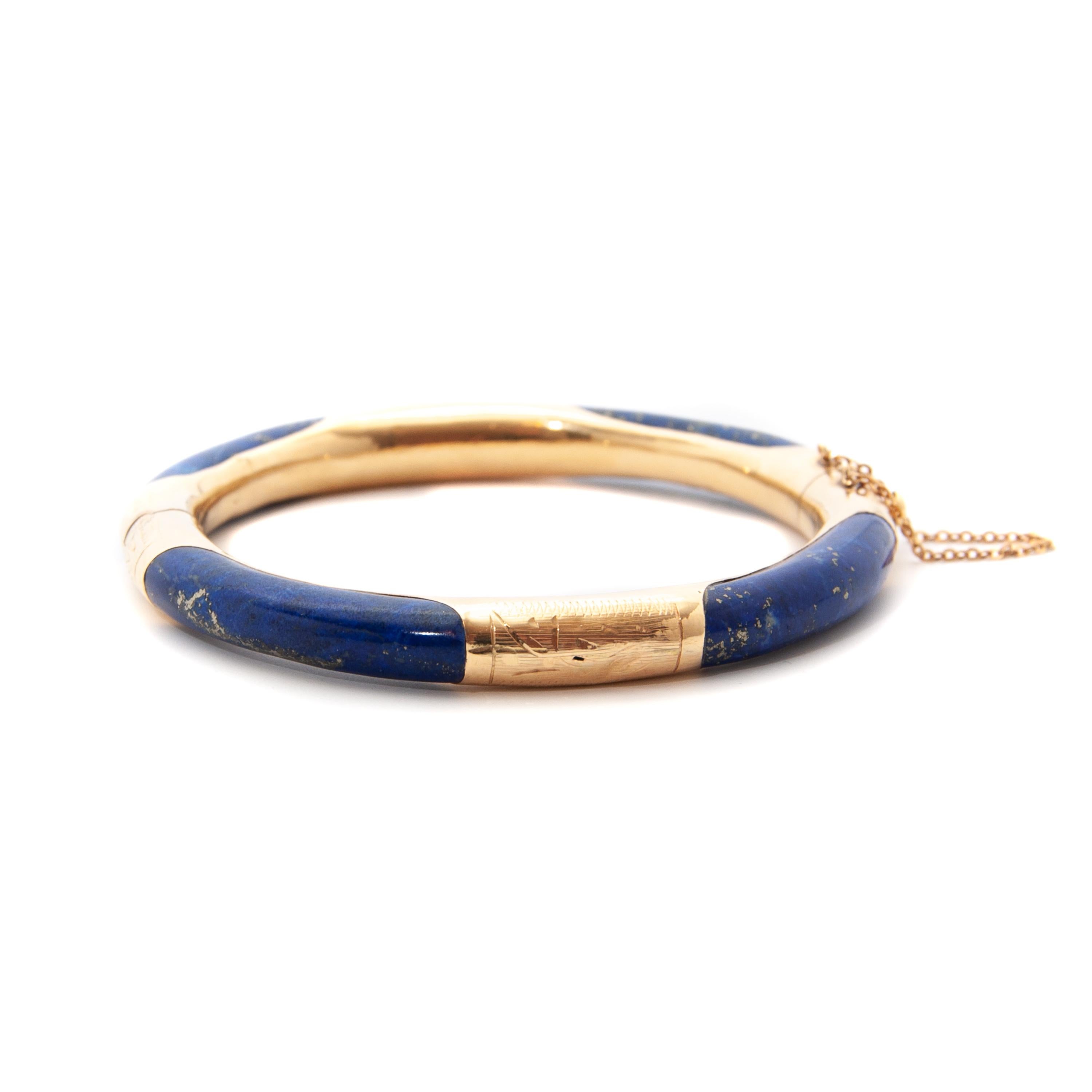 Women's Lapis Lazuli Etched 14 Karat Gold Bangle Bracelet