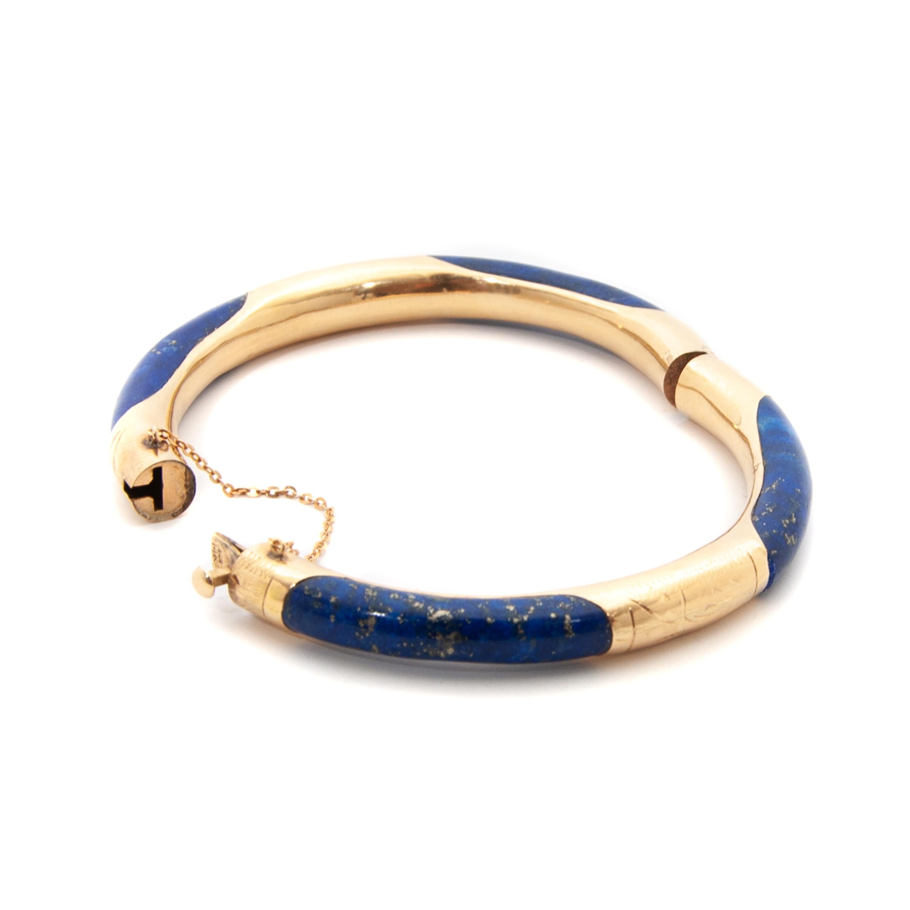 Lapis Lazuli Etched 14 Karat Gold Bangle Bracelet 1
