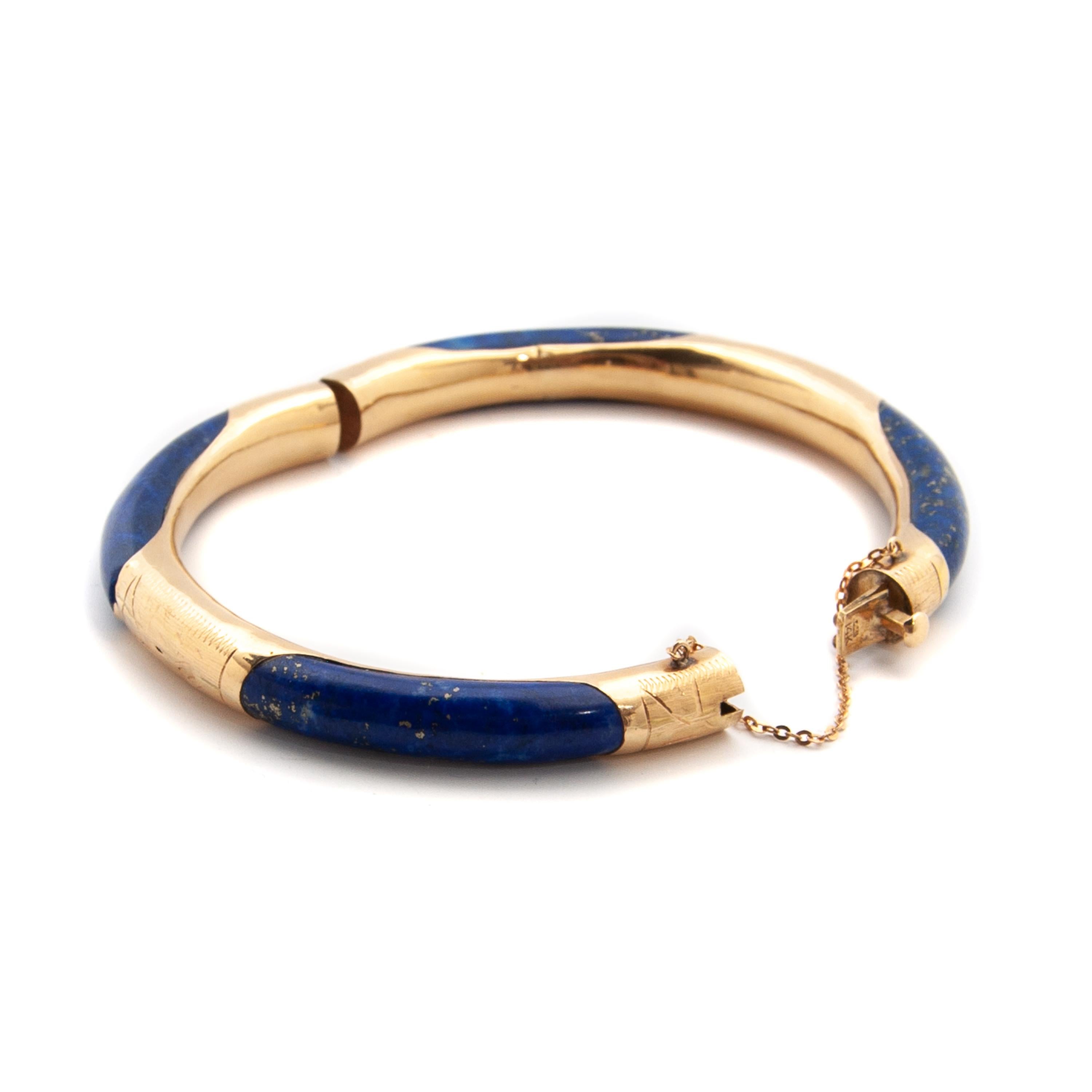 Lapis Lazuli Etched 14 Karat Gold Bangle Bracelet 2