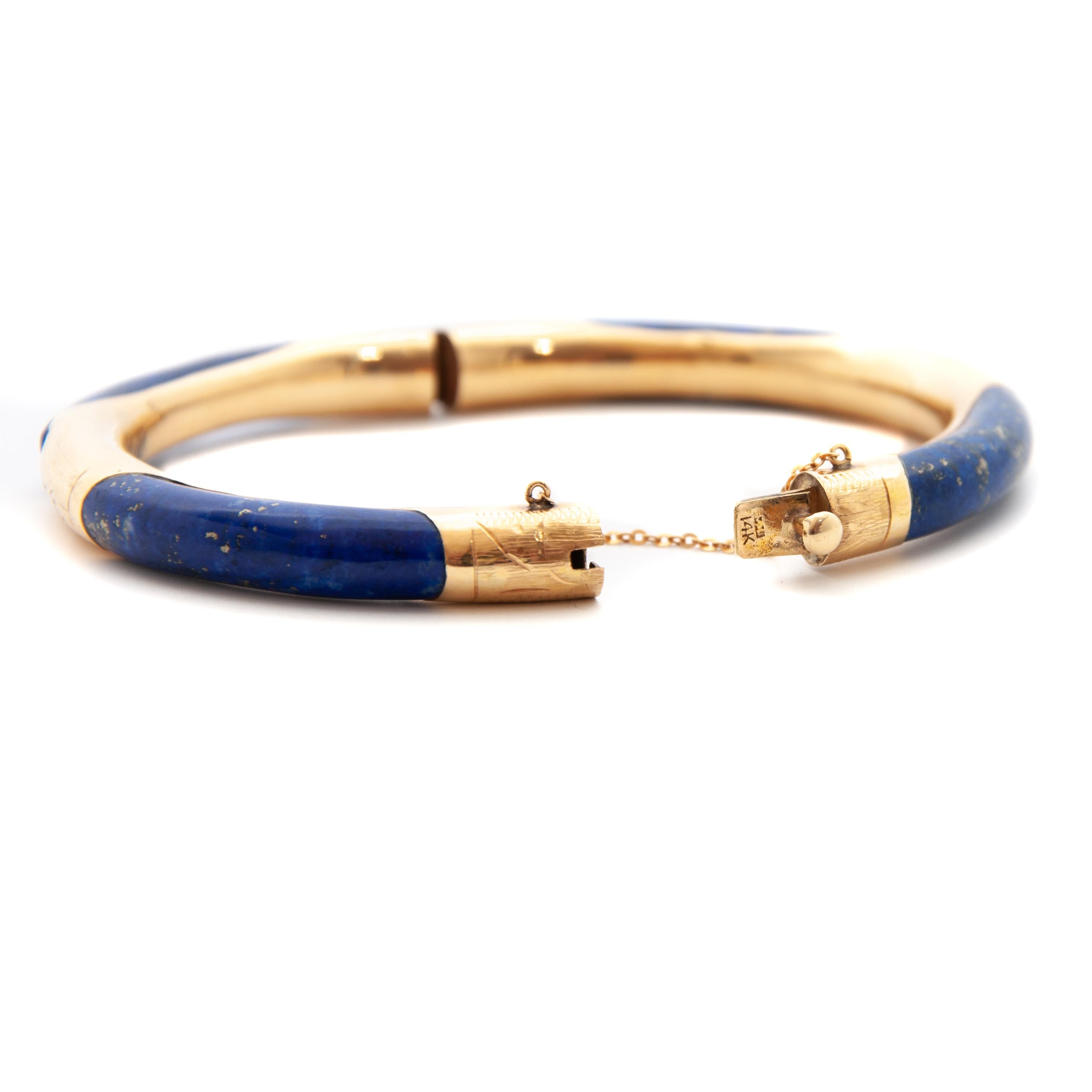 Lapis Lazuli Etched 14 Karat Gold Bangle Bracelet 3
