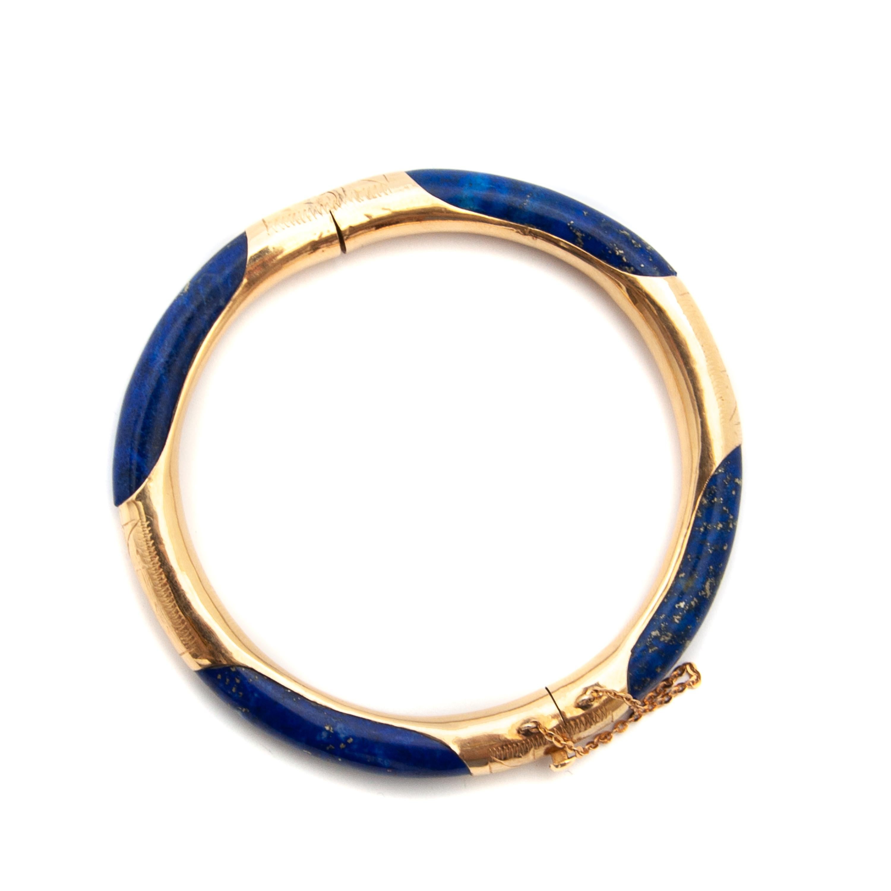 Lapis Lazuli Etched 14 Karat Gold Bangle Bracelet 4
