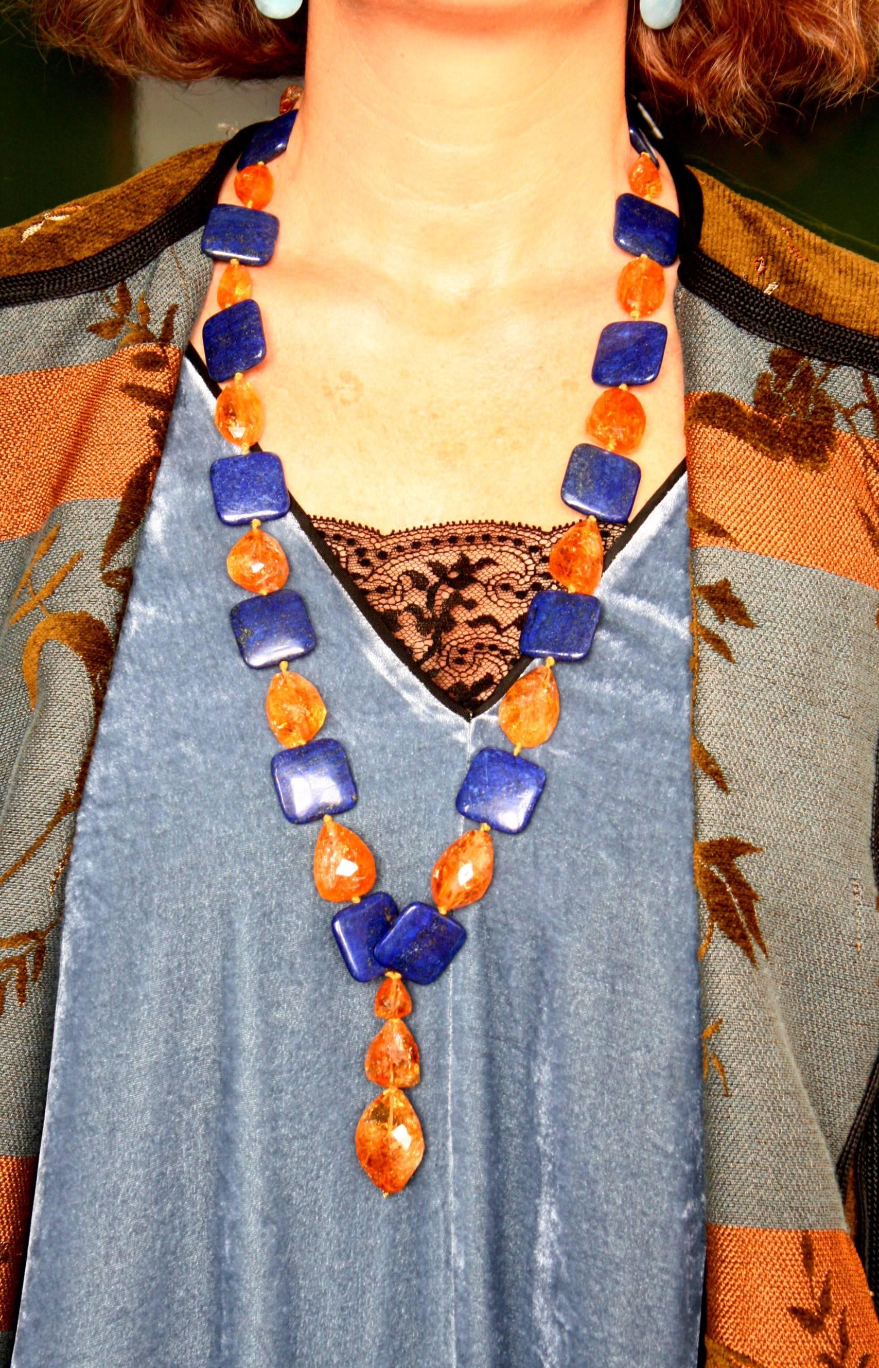 Mixed Cut Lapis Lazuli Faced Sun Stone Long Necklace For Sale