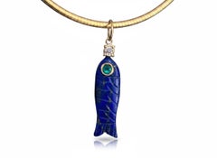 Lapis Lazuli Fish Pendant with Emerald, Diamond & 14k Gold