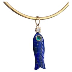 Lapis Lazuli Fish Pendant with Emerald, Diamond & 14k Gold