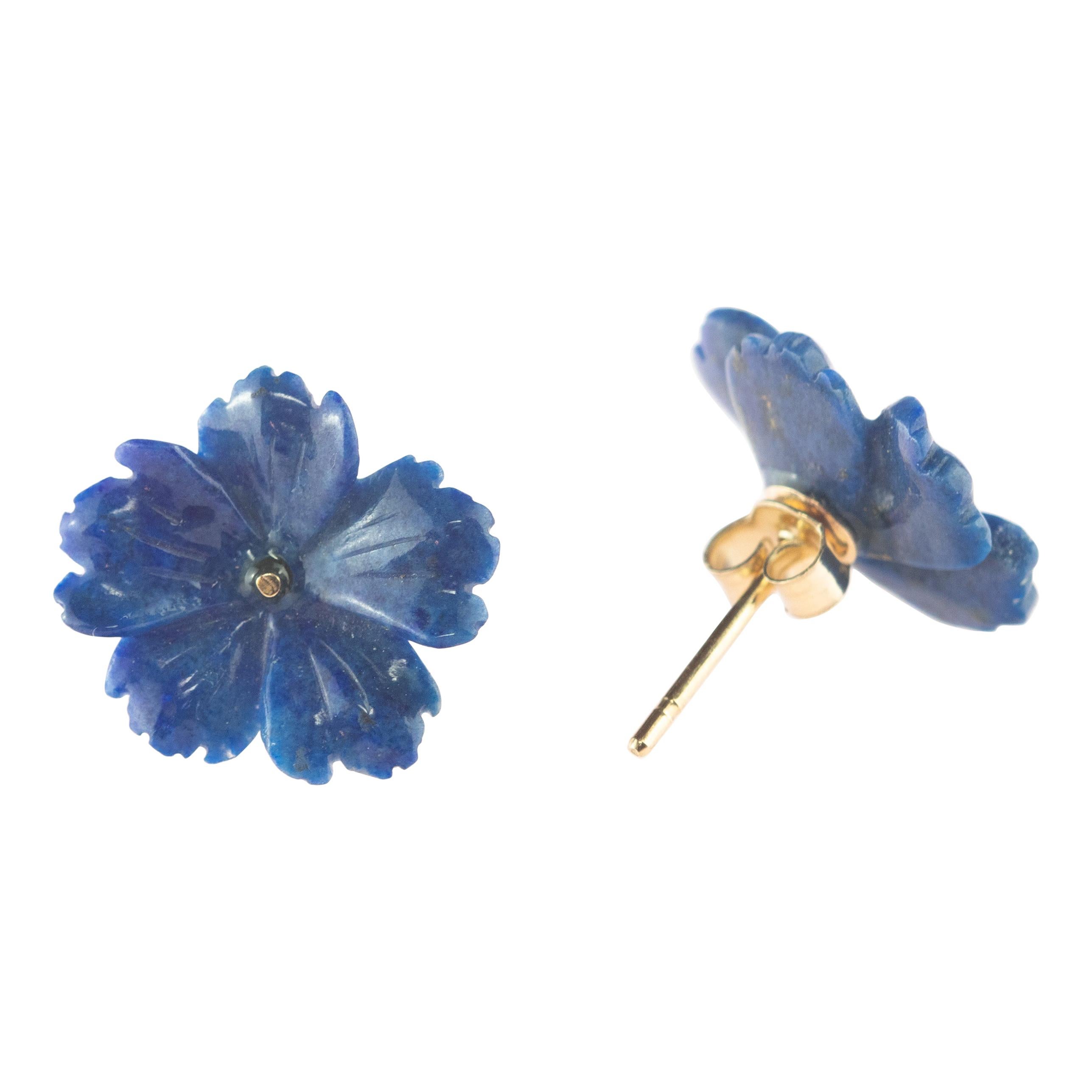 Lapis Lazuli Flower Handmade 14 Karat Gold Italian Carved Stud Blue Earrings