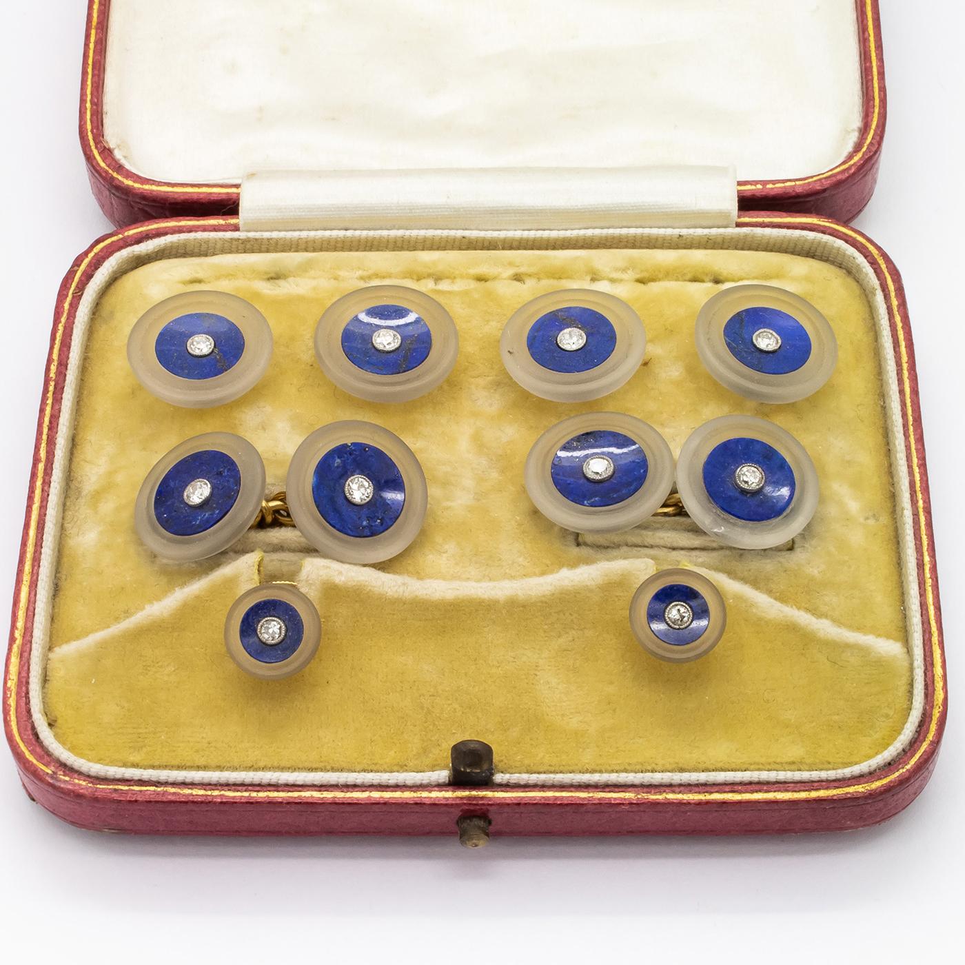 Art Deco Lapis Lazuli, Frosted Rock Crystal and Diamond Dress Set, Circa 1930 For Sale