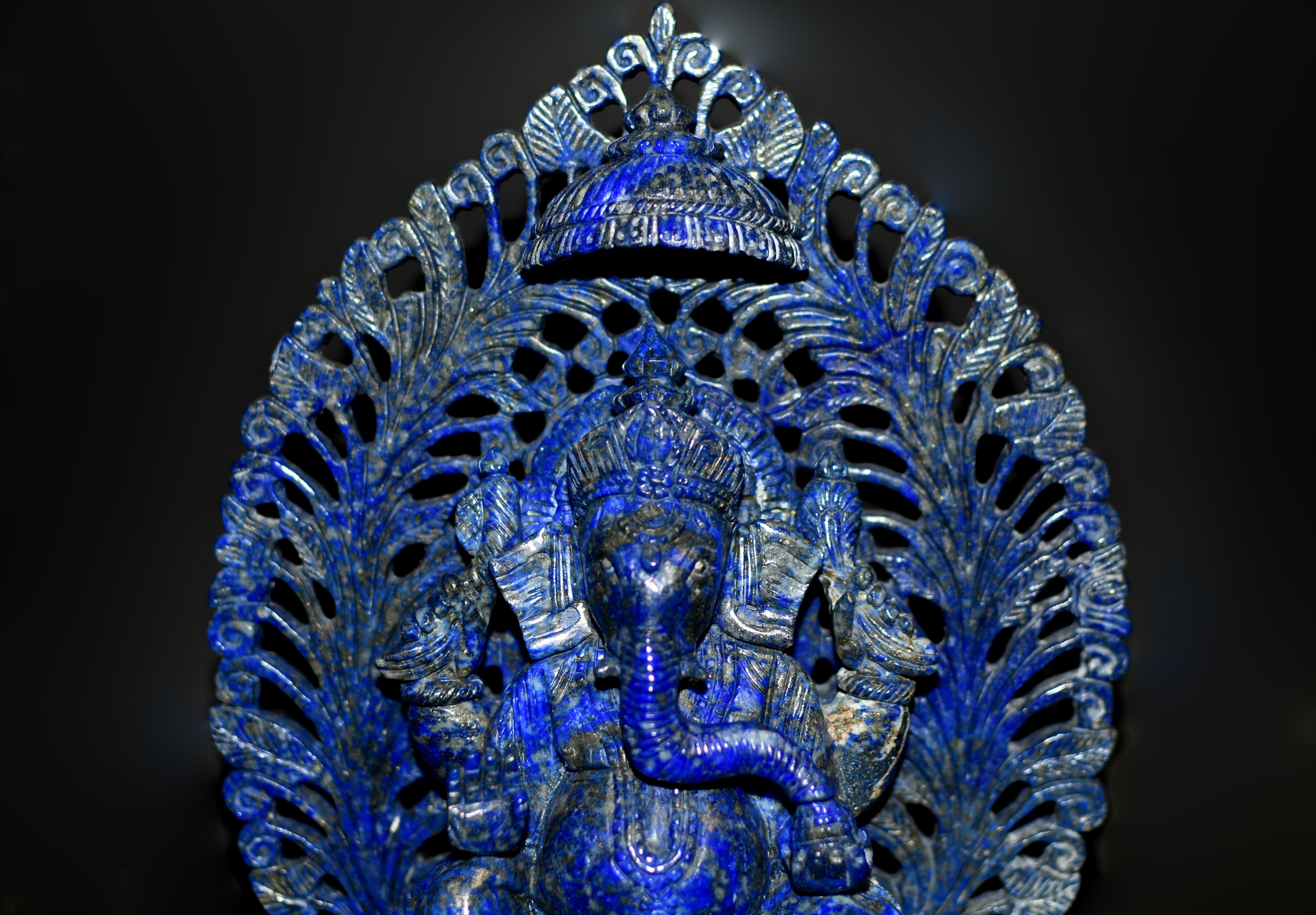 Hand-Carved Natural Lapis Lazuli Ganesh Top Grade Finely Carved 