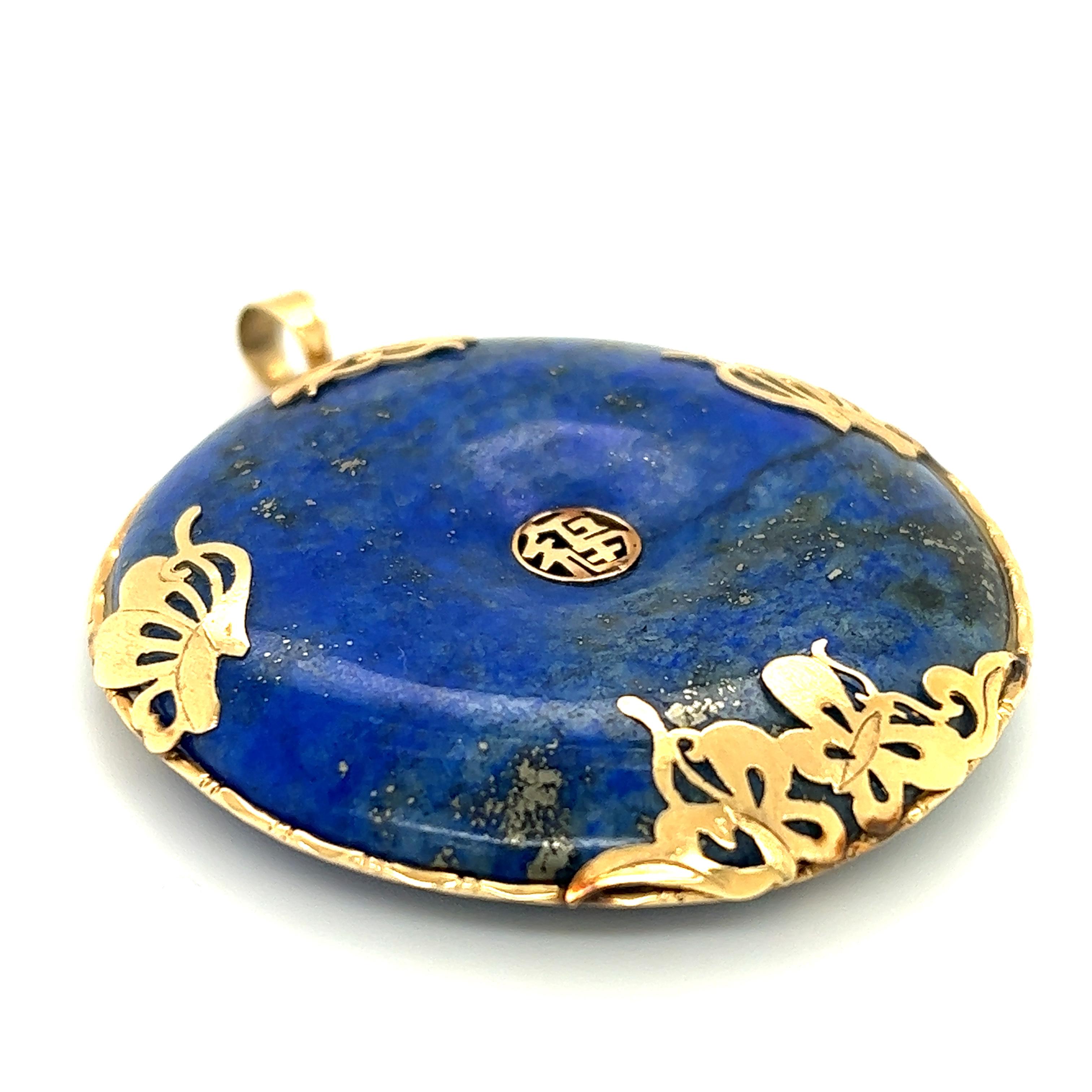 Uncut Lapis Lazuli Gemstone Pendant 14k Chinese Character Fú