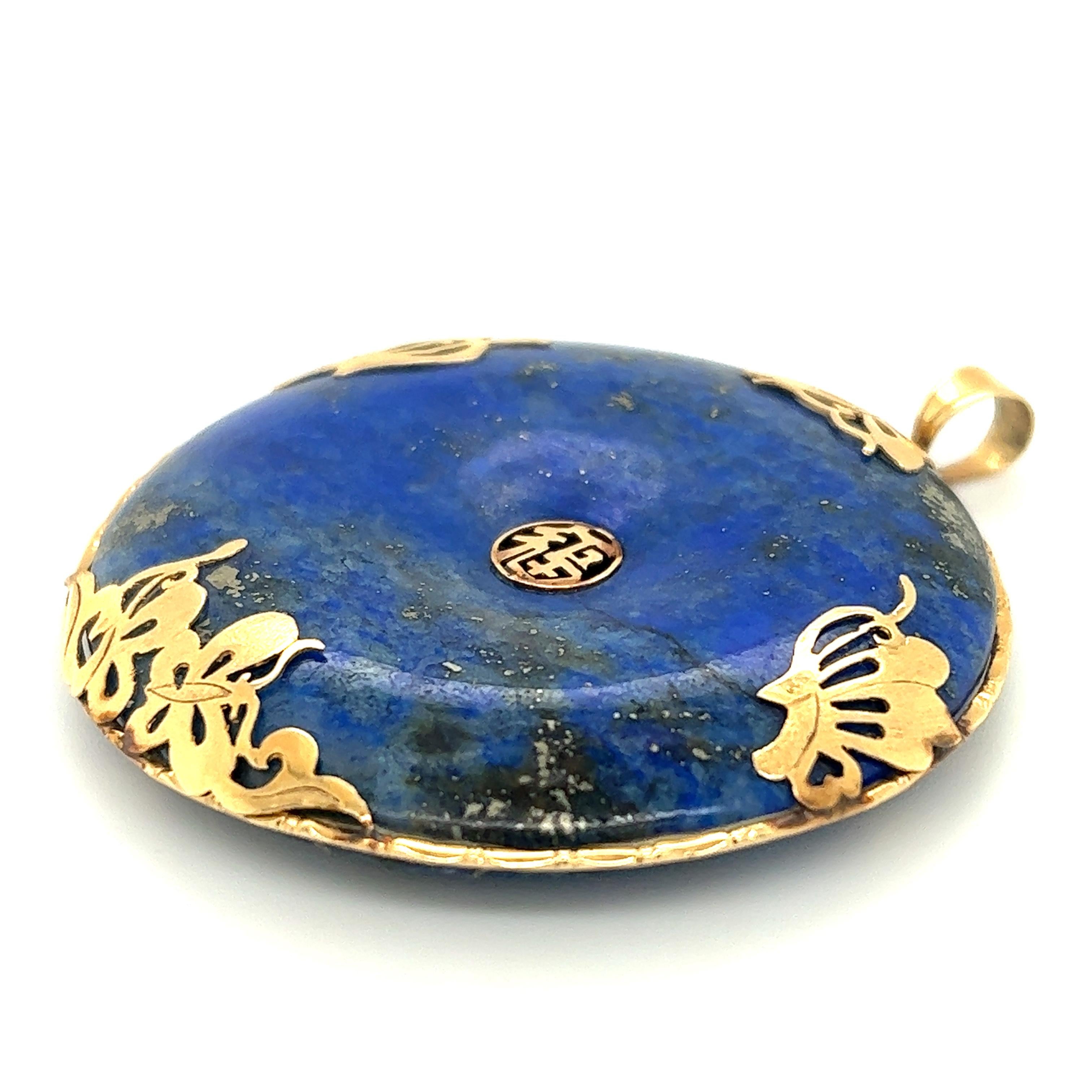 Lapis Lazuli Gemstone Pendant 14k Chinese Character Fú In Good Condition In MIAMI, FL