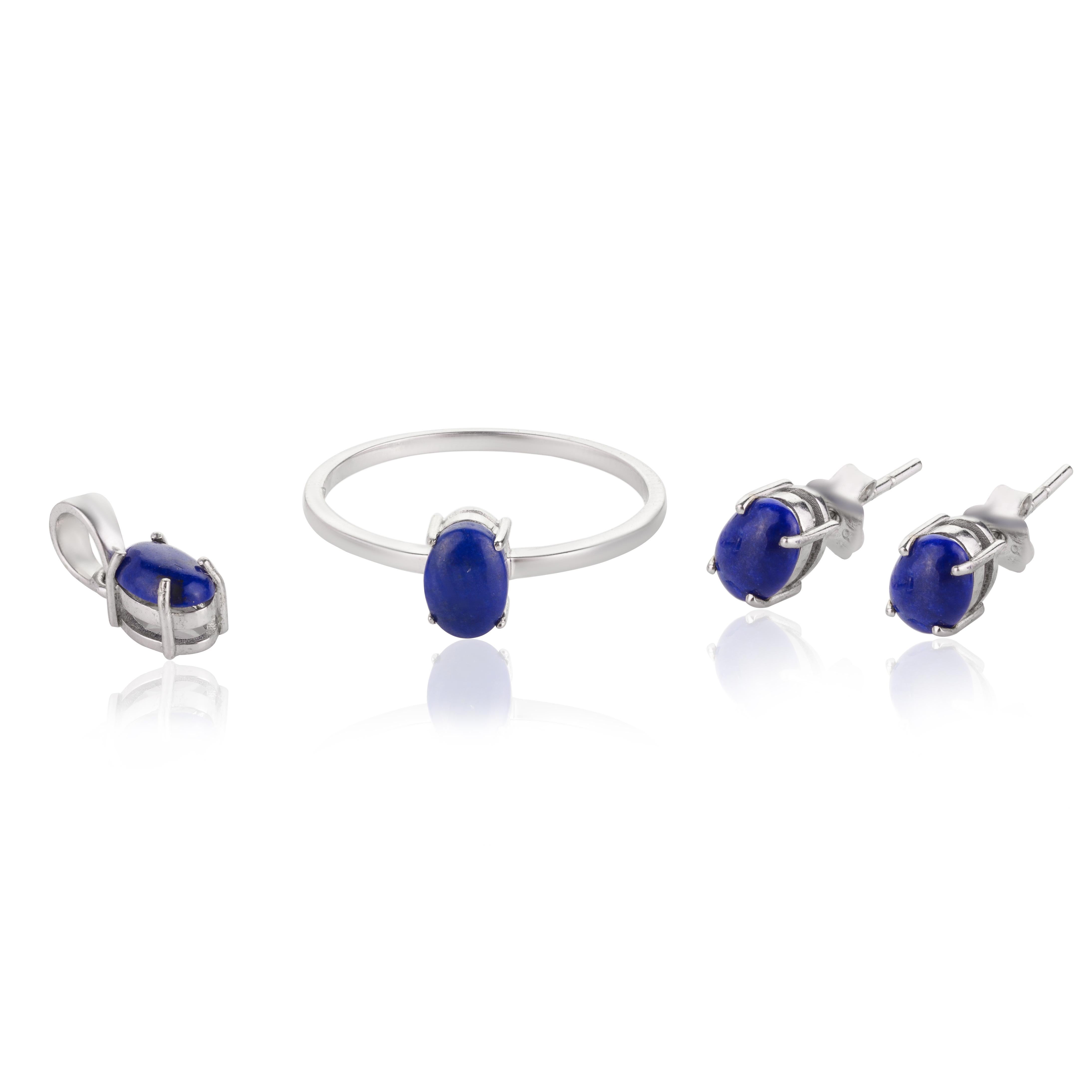 For Sale:  Lapis Lazuli Ring, Pendant and Earrings Jewelry Set in 18k Solid White Gold 12