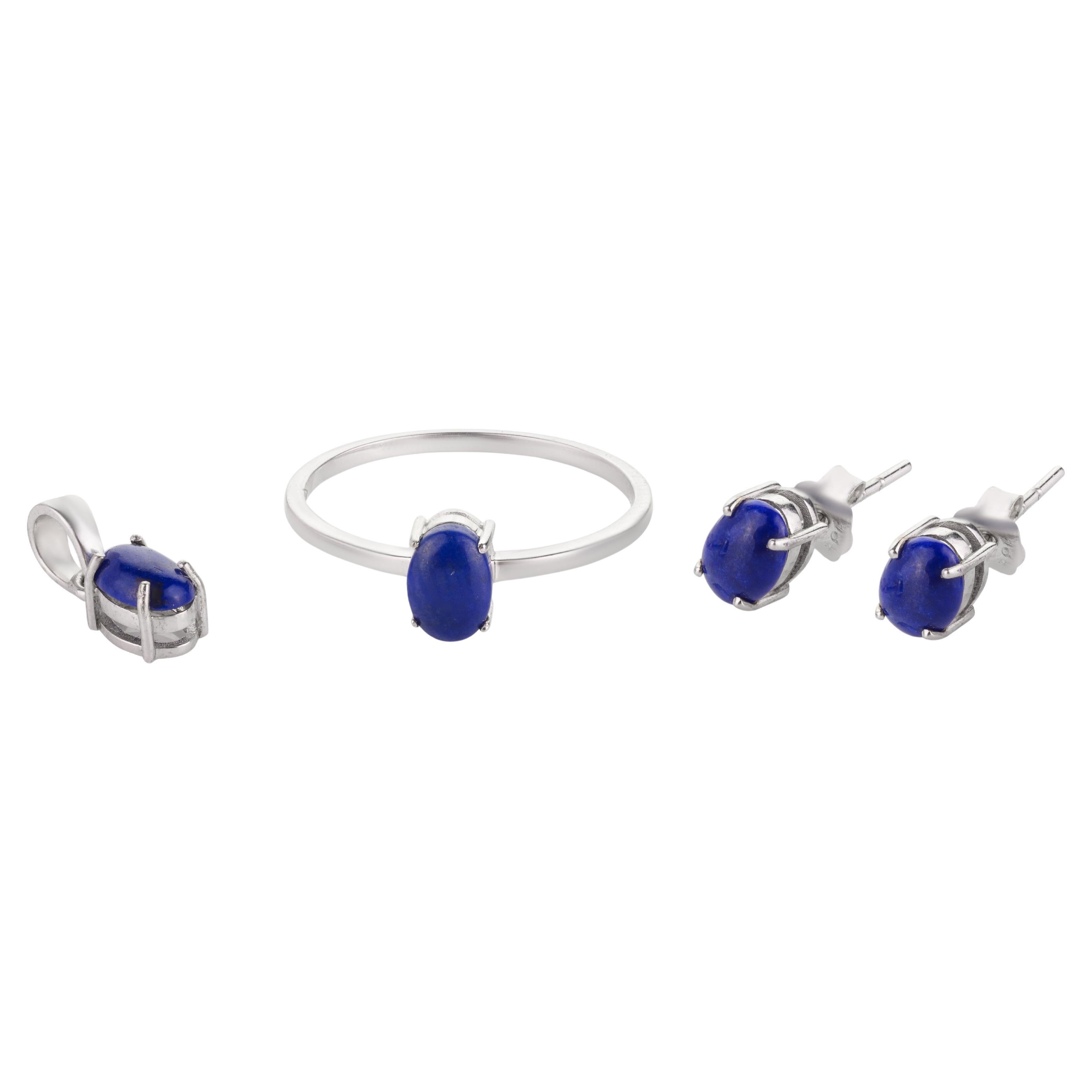 For Sale:  Lapis Lazuli Ring, Pendant and Earrings Jewelry Set in 18k Solid White Gold