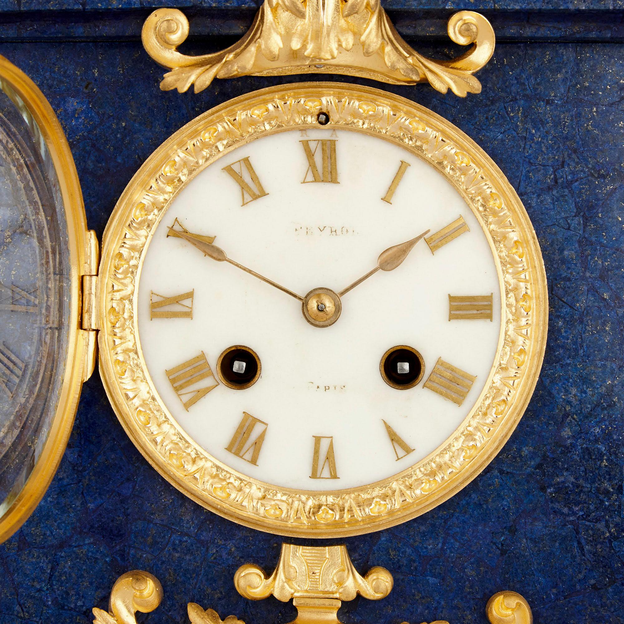 Neoclassical Lapis Lazuli, Gilt Bronze, and Porcelain Three-Piece Clock Set