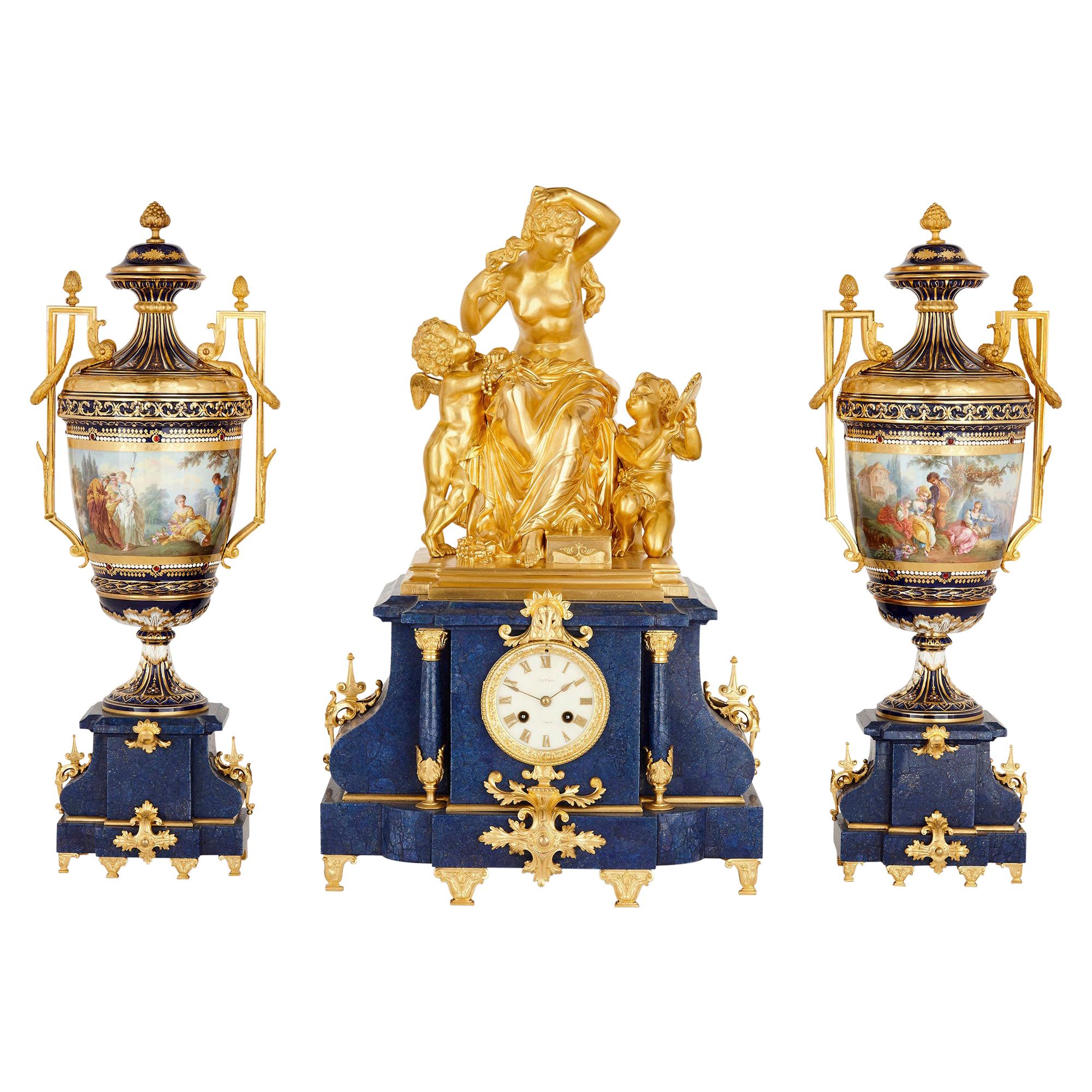 Lapis Lazuli, Gilt Bronze, and Porcelain Three-Piece Clock Set