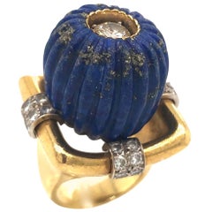Lapis Lazuli Gold and Diamond 1970s Statement Ring