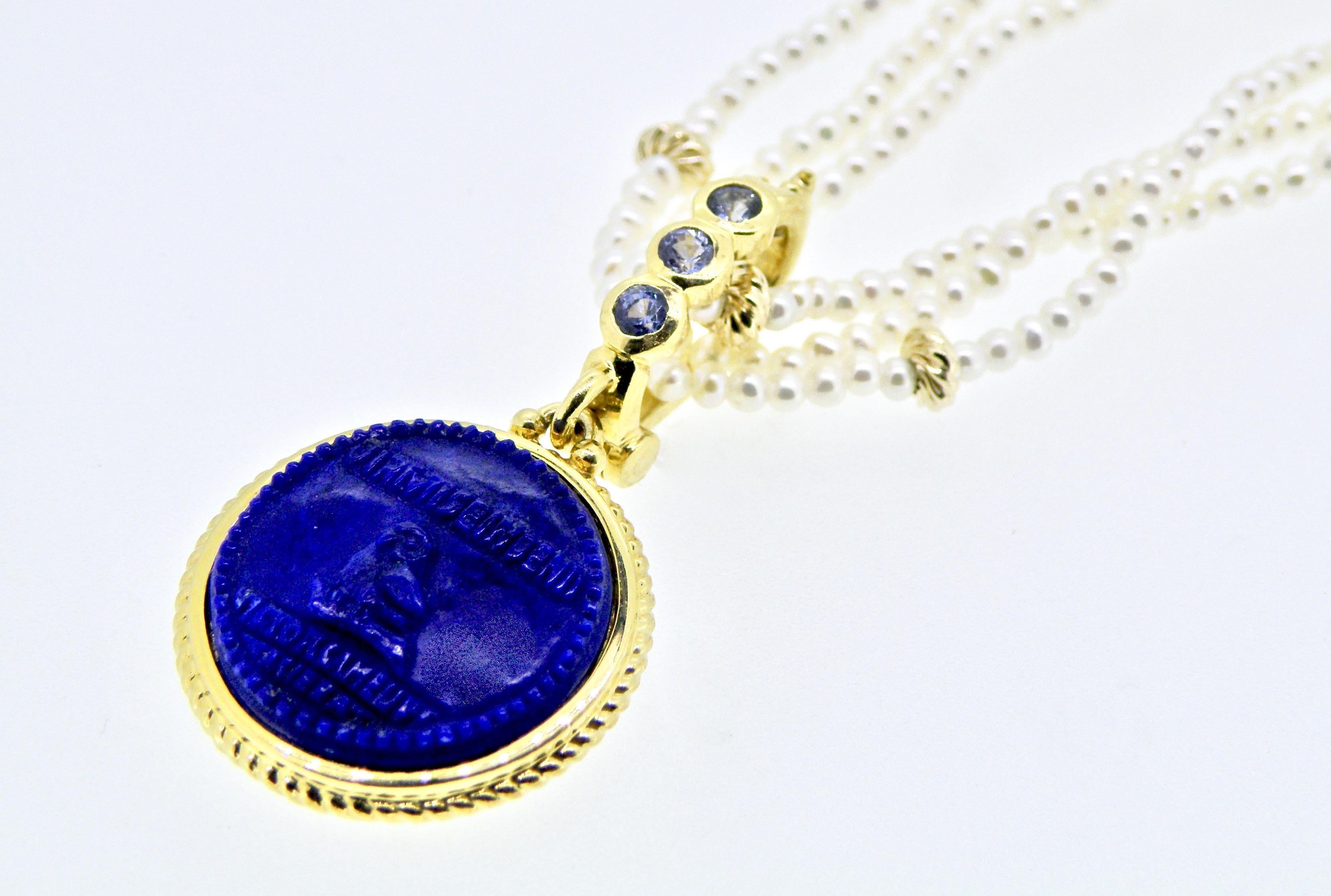 Contemporary Lapis Lazuli Gold Athena Owl Pendant 