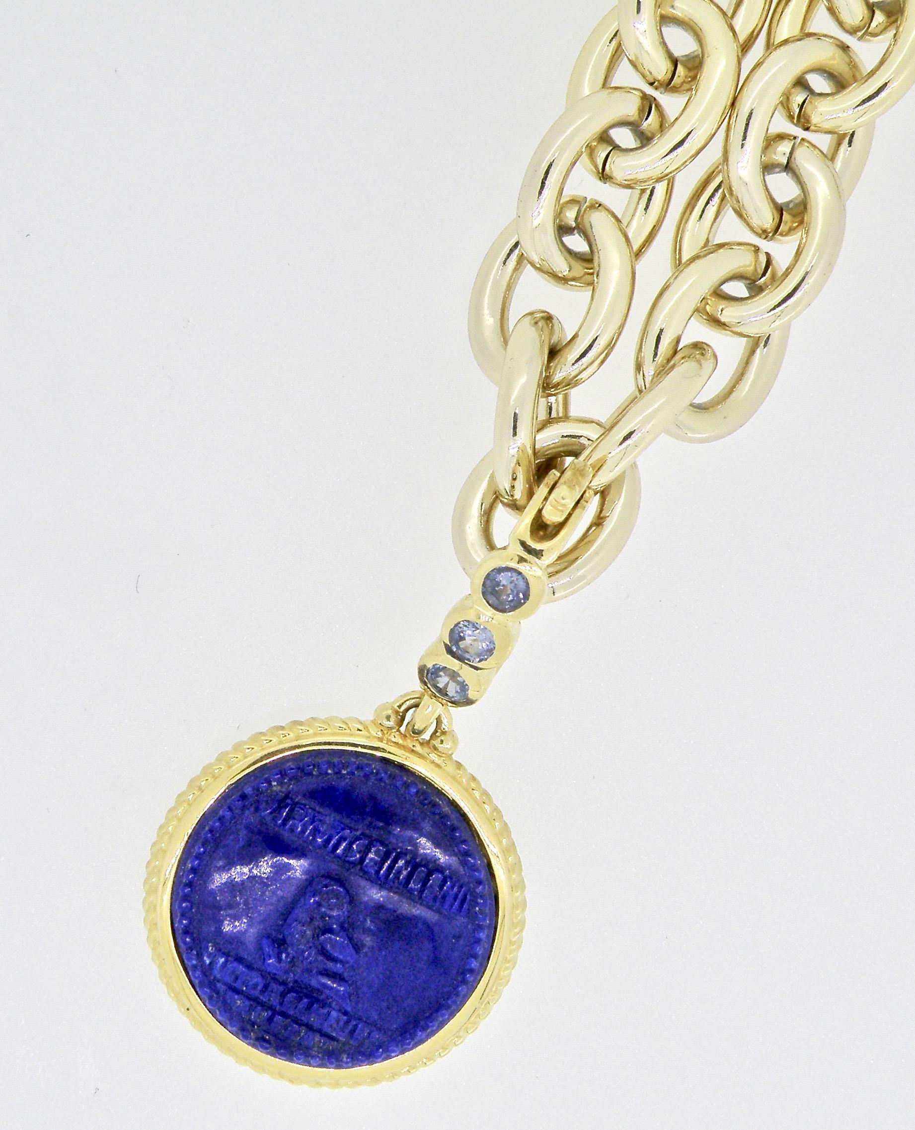Lapis Lazuli Gold Athena Owl Pendant  In New Condition In Cohasset, MA