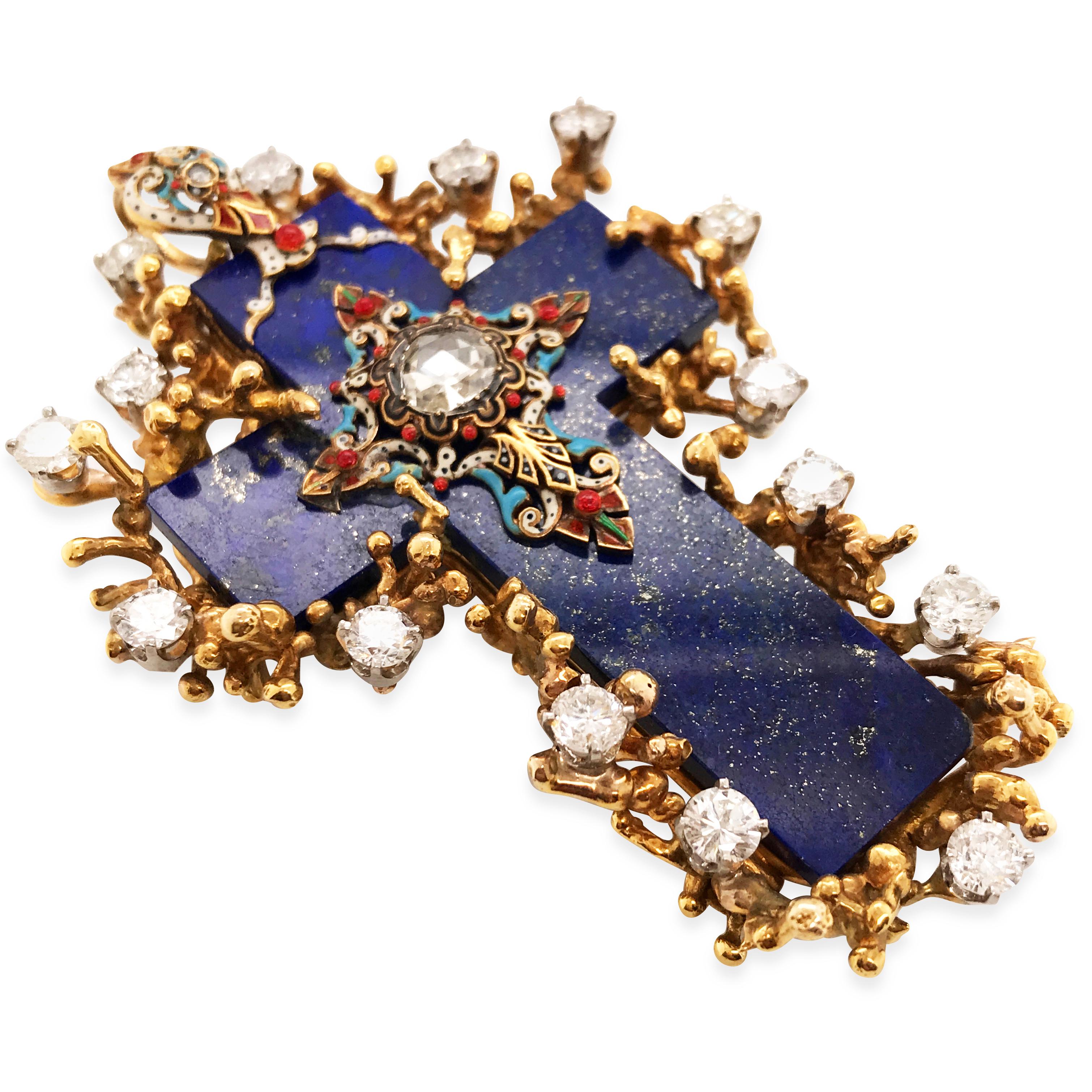 This exquisite Estate Lapis Lazuli cross uses a cross-shaped Lapis Lazuli as a base, centered with a 1.5-carat rose-cut diamond, set within an enamel decorated small cross patter. The enamel decorations are very colorful and lively, including red,