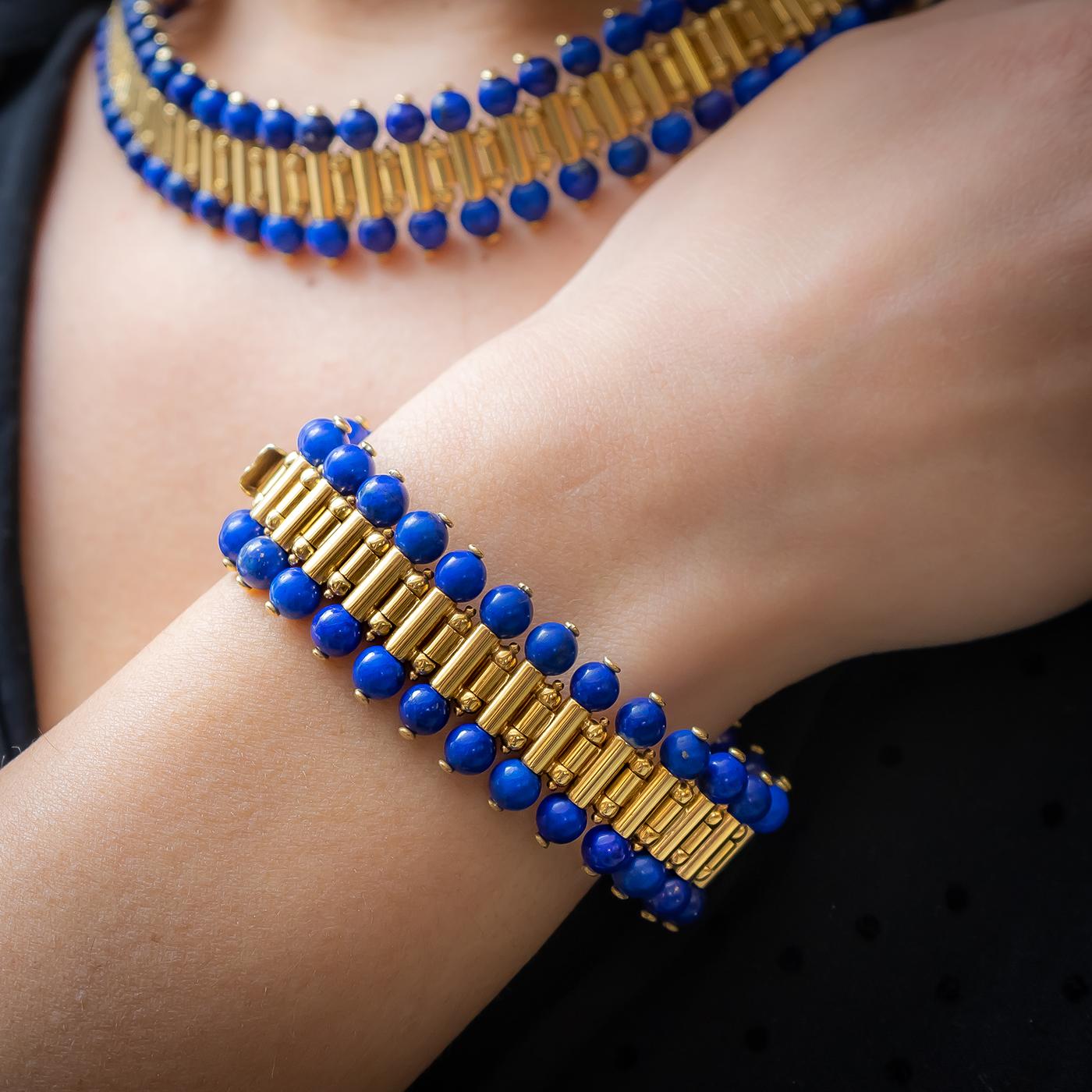 Cabochon Lapis Lazuli Gold Necklace and Bracelet Suite