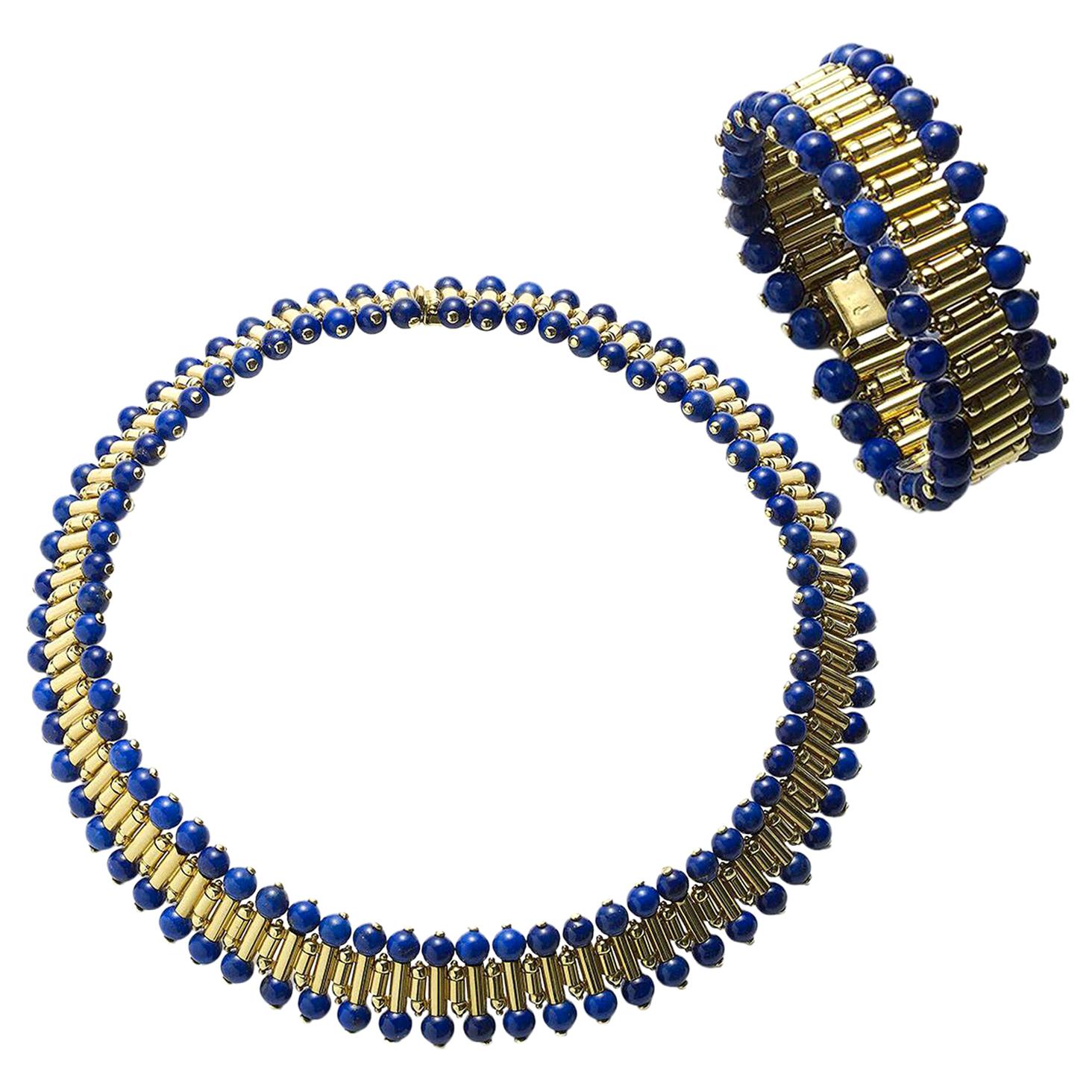 Lapis Lazuli Gold Necklace and Bracelet Suite