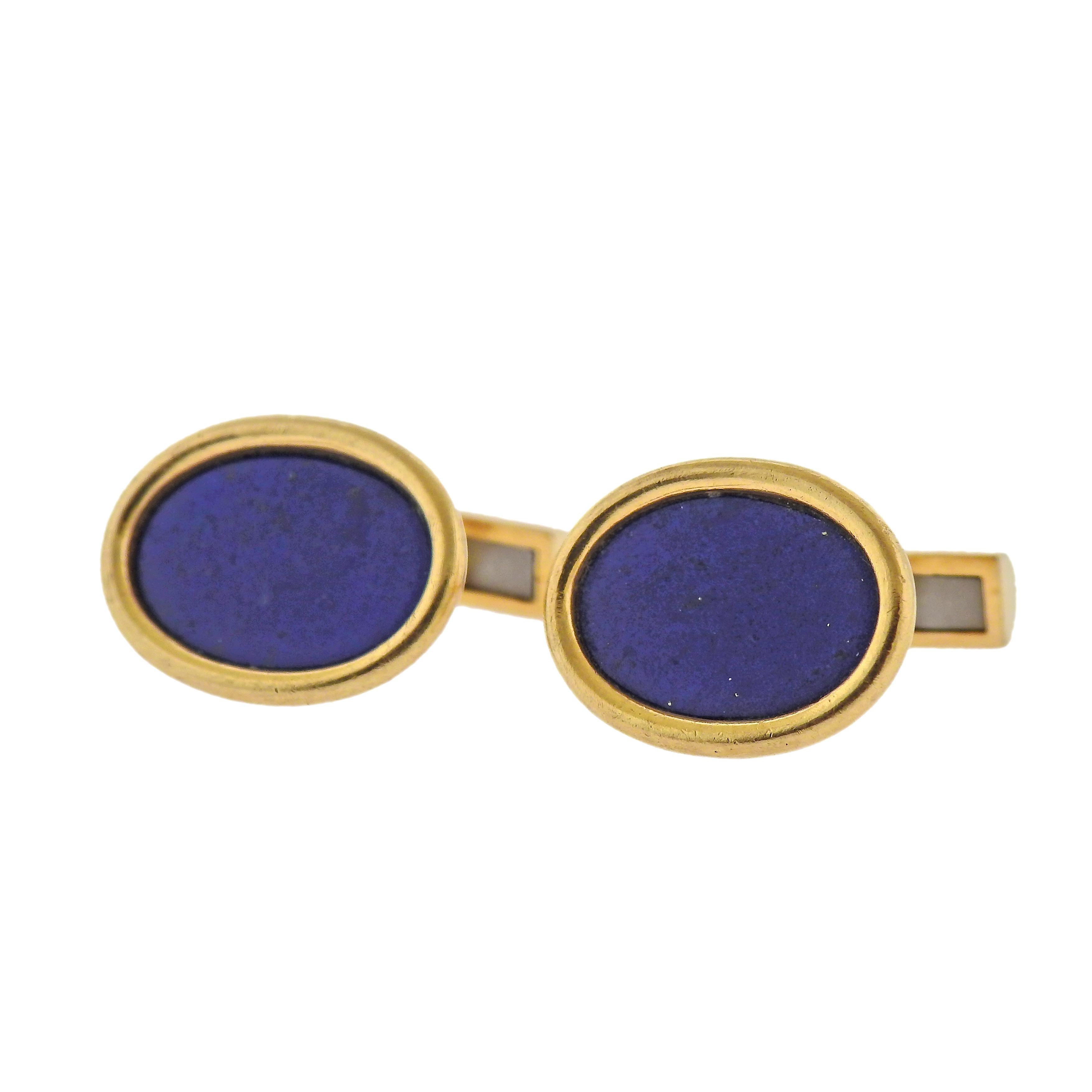 Pair of vintage 14k gold cufflinks with oval lapis.   Cufflink top is 18mm x 15mm. Marked: 14k, ABL. Weight - 11.6 grams. 