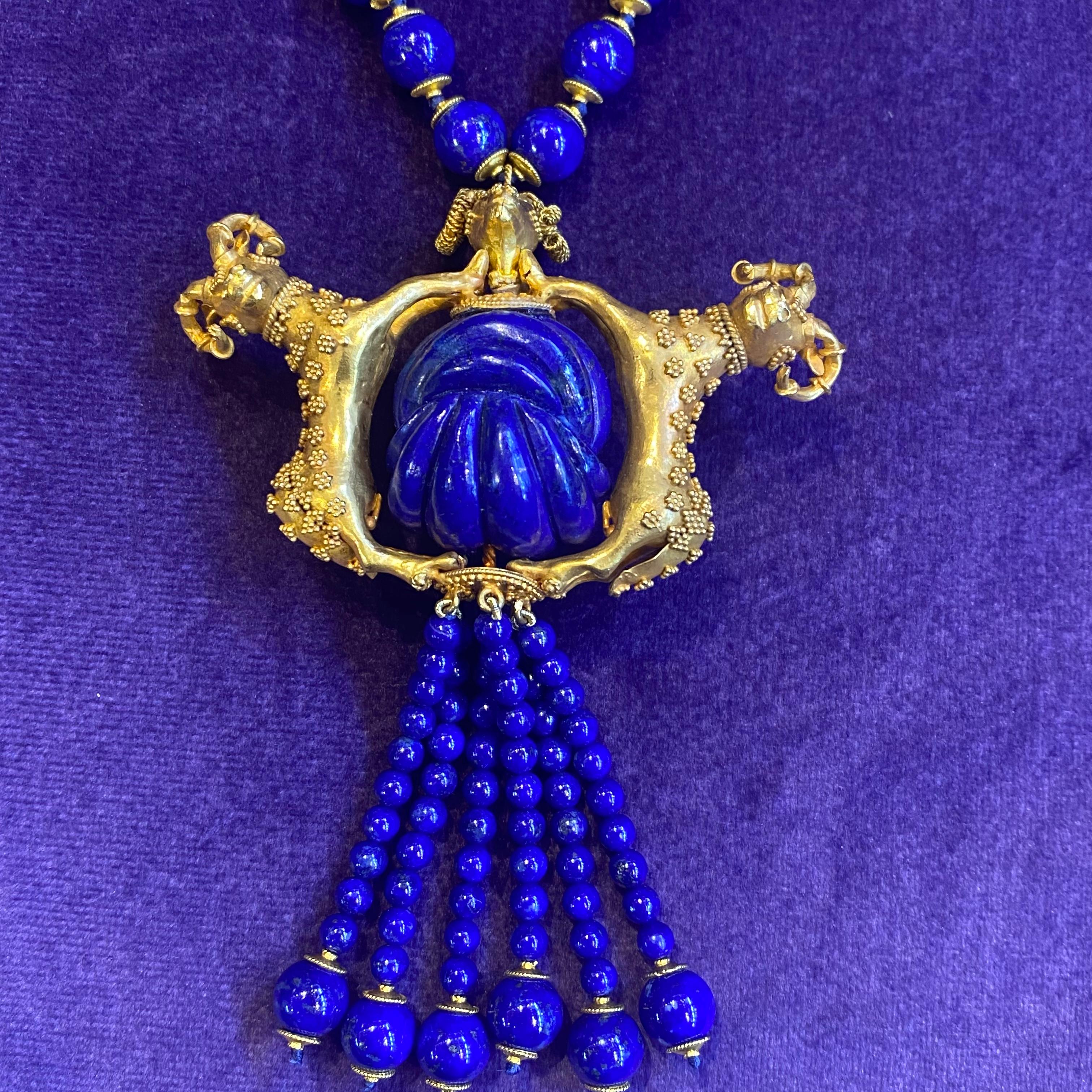 Lapis Lazuli & Gold Ram Tassel Necklace  2