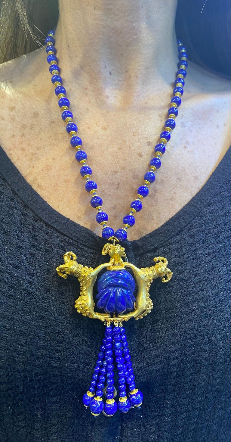 Lapis Lazuli & Gold Ram Tassel Necklace  In Excellent Condition For Sale In New York, NY