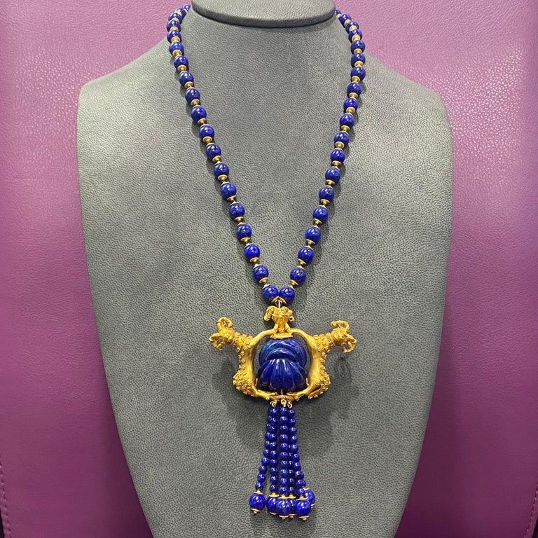 Women's Lapis Lazuli & Gold Ram Tassel Necklace  For Sale
