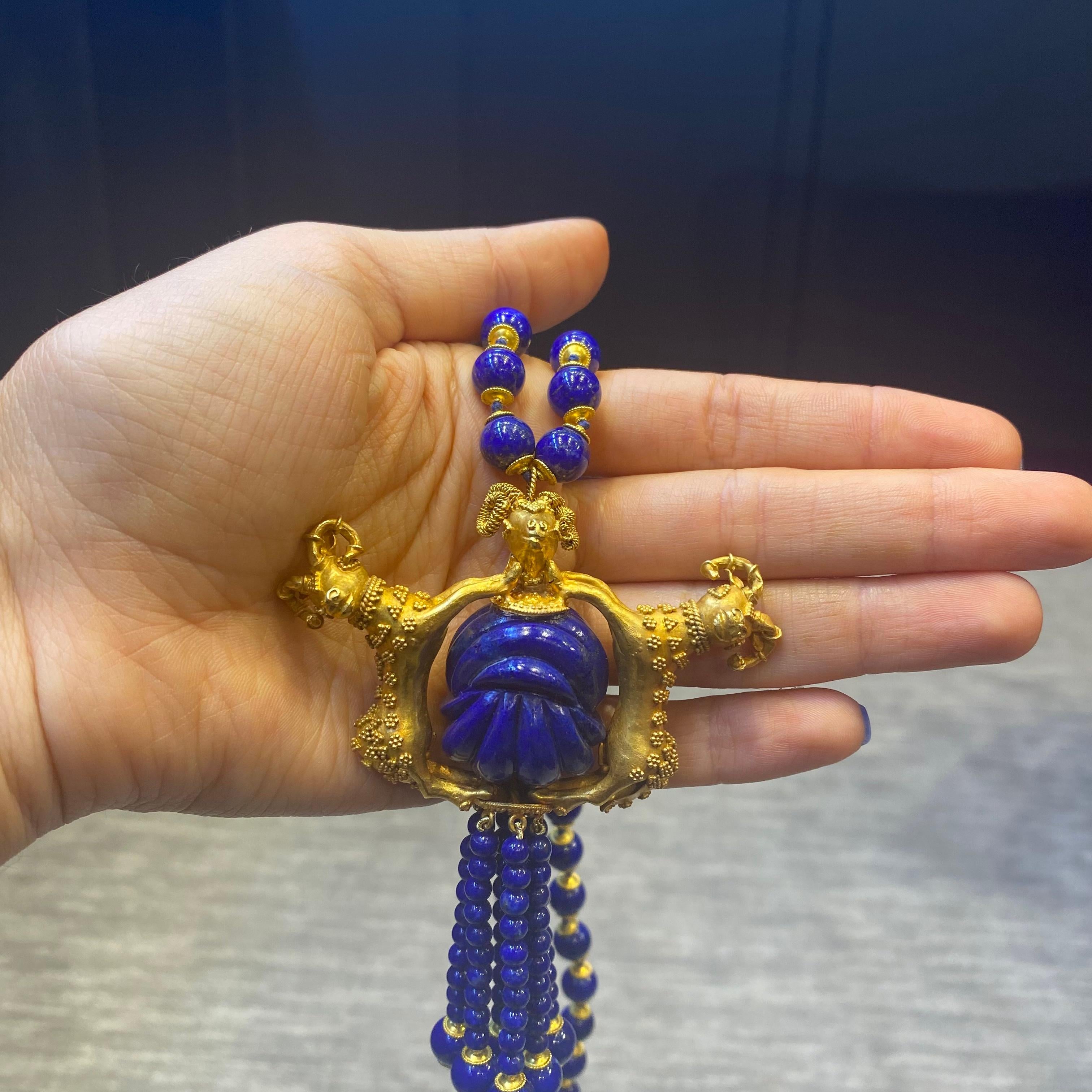 Bead Lapis Lazuli & Gold Ram Tassel Necklace 