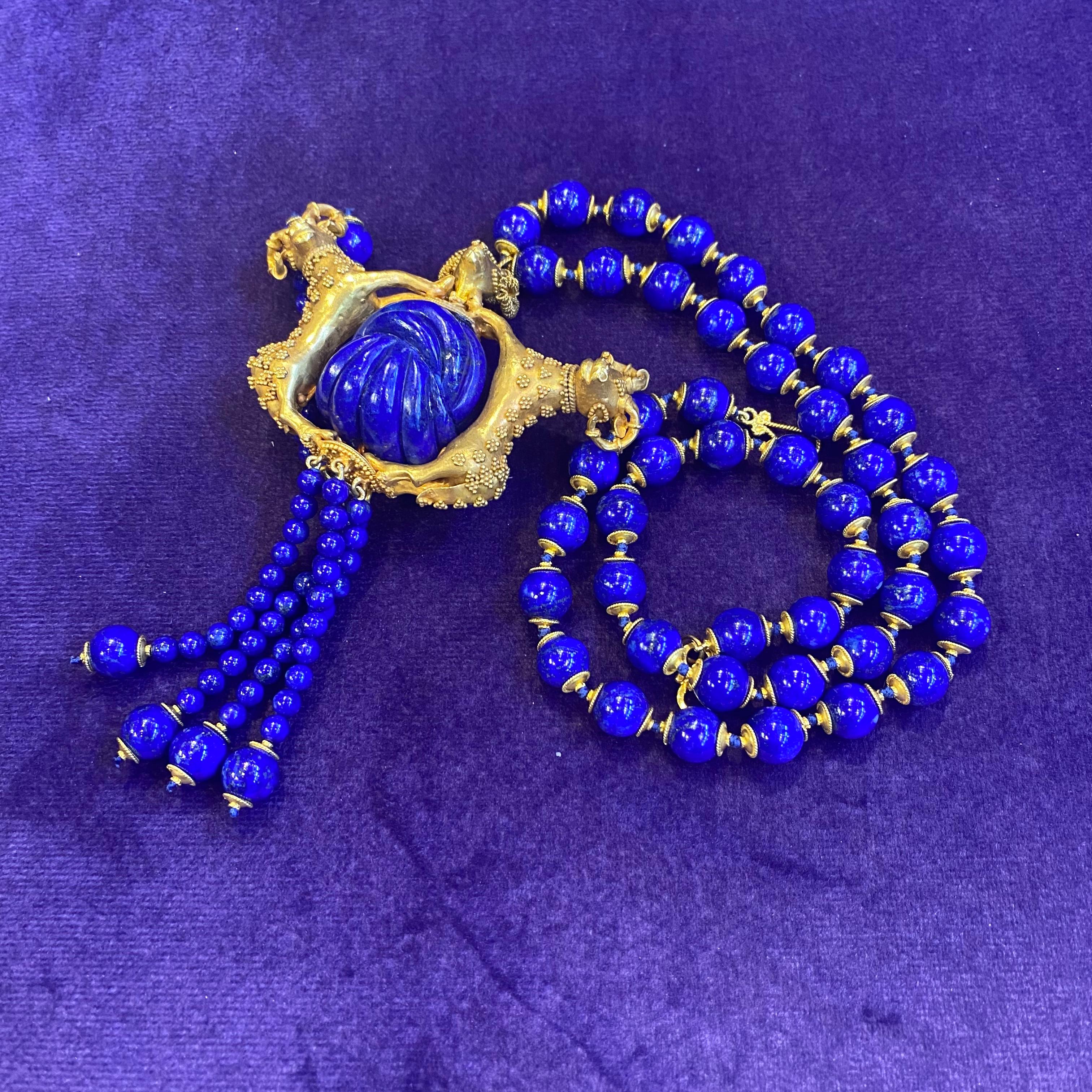 Lapis Lazuli & Gold Ram Tassel Necklace  In Excellent Condition In New York, NY