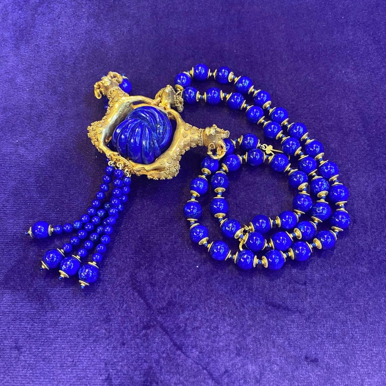 Lapis Lazuli & Gold Ram Tassel Necklace  For Sale 2