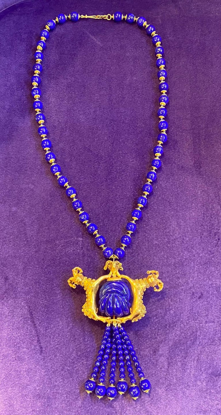 Lapis Lazuli & Gold Ram Tassel Necklace  For Sale 3